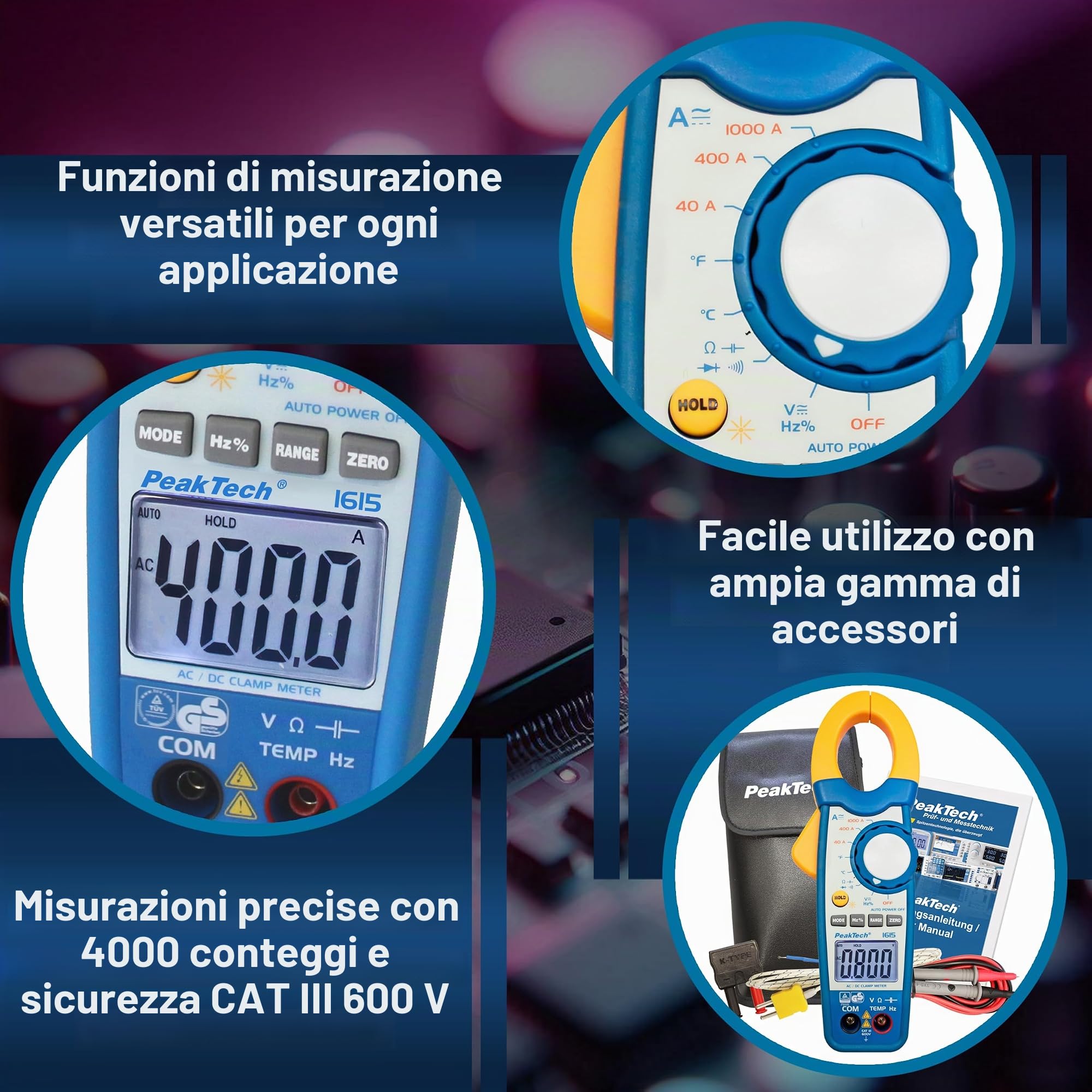 Peaktech P 1615 – Pinza Ac/Dc 1000A, Multimetro a Pinza, Tüv/Gs, Cat Iii, Pinza Amperometrica, 4000 Conteggi, Voltmetro senza Contatto, Amperometro, Tester di Continuità - Max. 600 V