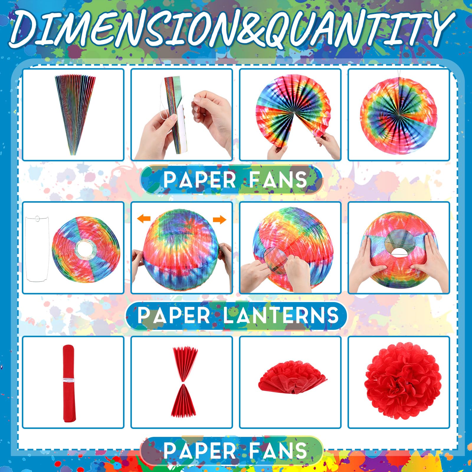 Hortsun 16 faroles de papel teñidos anudados, chinos/japoneses, linternas de papel colgantes, suministros de fiesta, decoración de fiesta hippie, abanicos de papel, flores de papel para techo y hogar