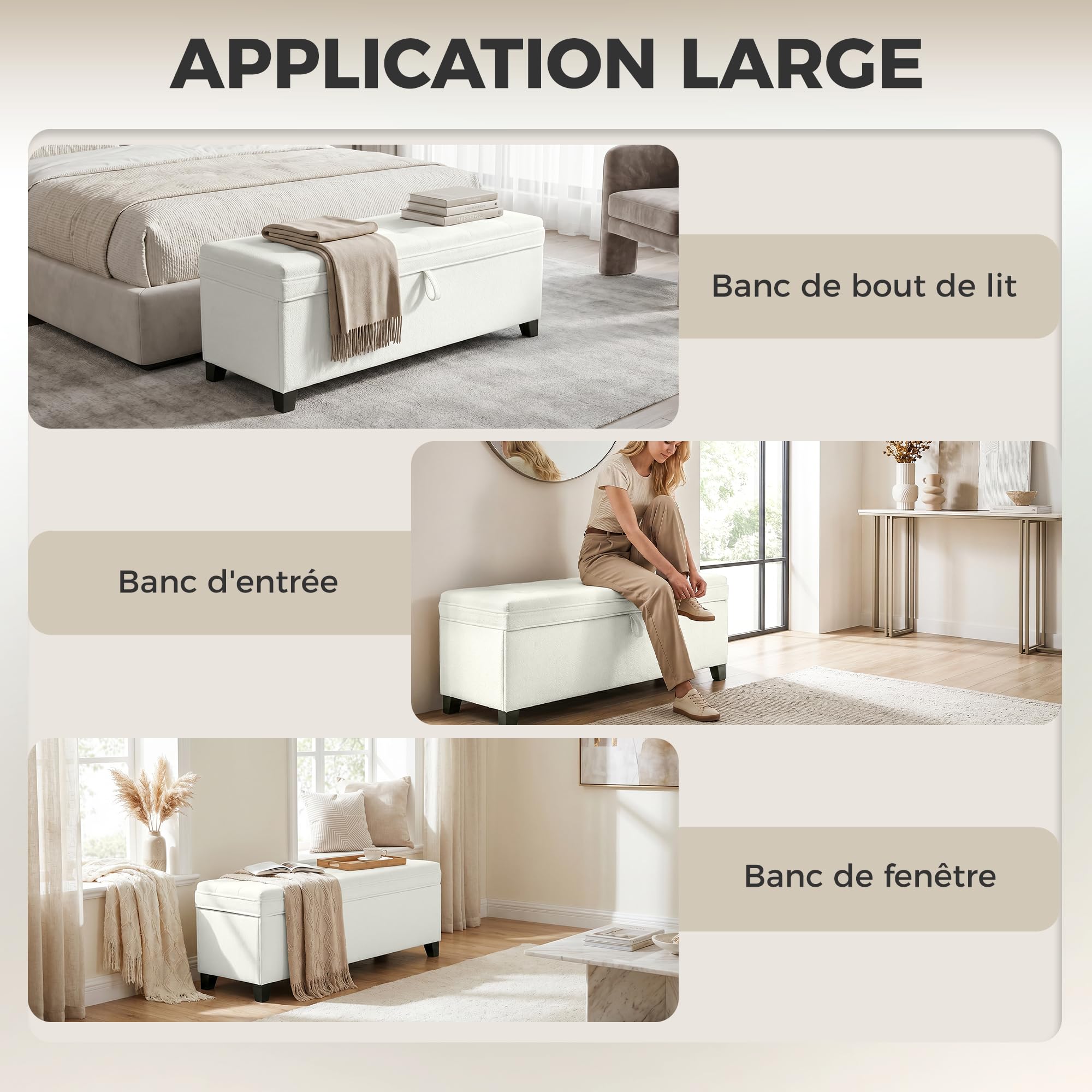 HOMCOM Panca portaoggetti 112L Panca da letto Cassapanca portaoggetti con seduta imbottita, tessuto di lino per soggiorno, camera da letto, ingresso, 120 x 40 x 48 cm, crema