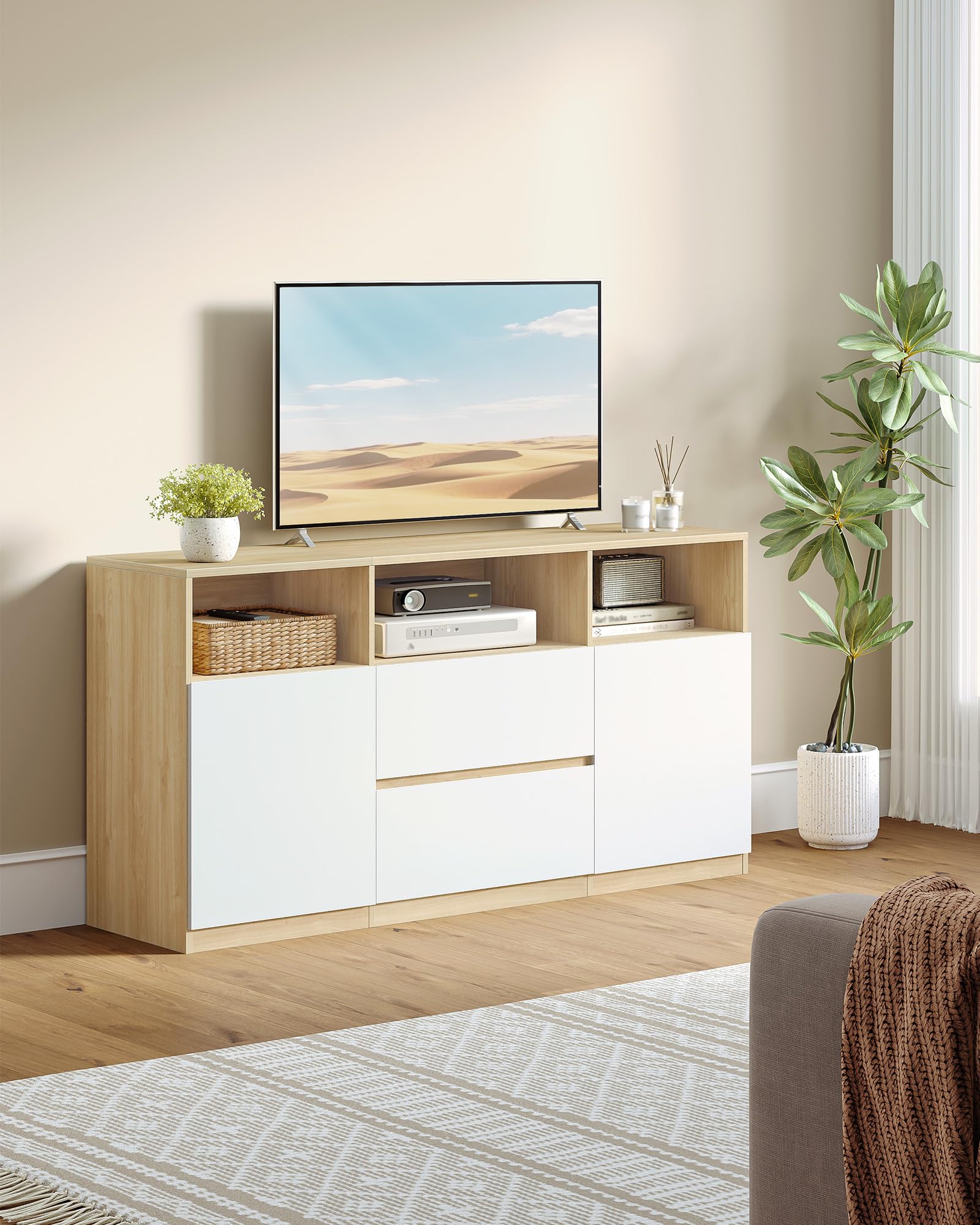 Hzuaneri Mobile TV, Luci LED, 147 x 40 x 76 cm Rovere e Bianco | 3 Scomparti Aperti, Tavolino Porta TV fino a 65 Pollici, con 2 Cassetti, 2 Gabinetto, Soggiorno, Camera da Letto, TV17031XEU