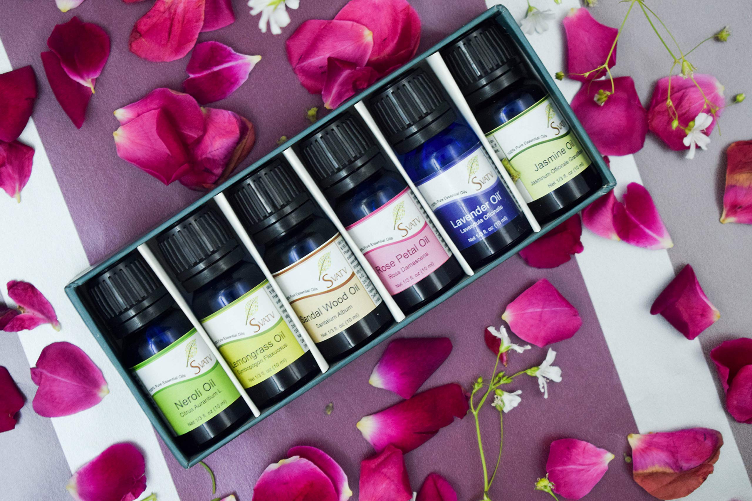 Olejki eteryczne, Top 6 zestaw upominkowy do aromaterapii w jakości premium – płatki różane, drzewo sandałowe, neroli, trawa cytrynowa, jaśmin – 6 x 10 ml