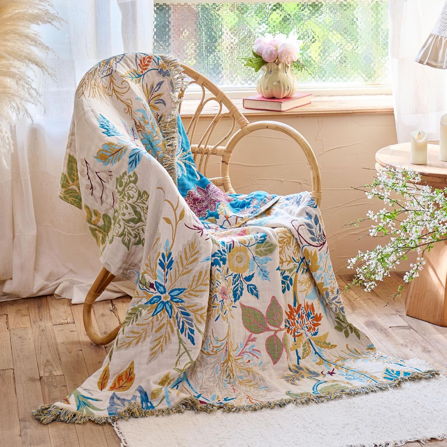 Boho Throw Blanket 50"x60" Floral Couch Blanket with Sunflowers,100% Cotton Soft Breathable Lightweight Decorative Tassel Reversible Blankets for Sofa Bed Decor All Season