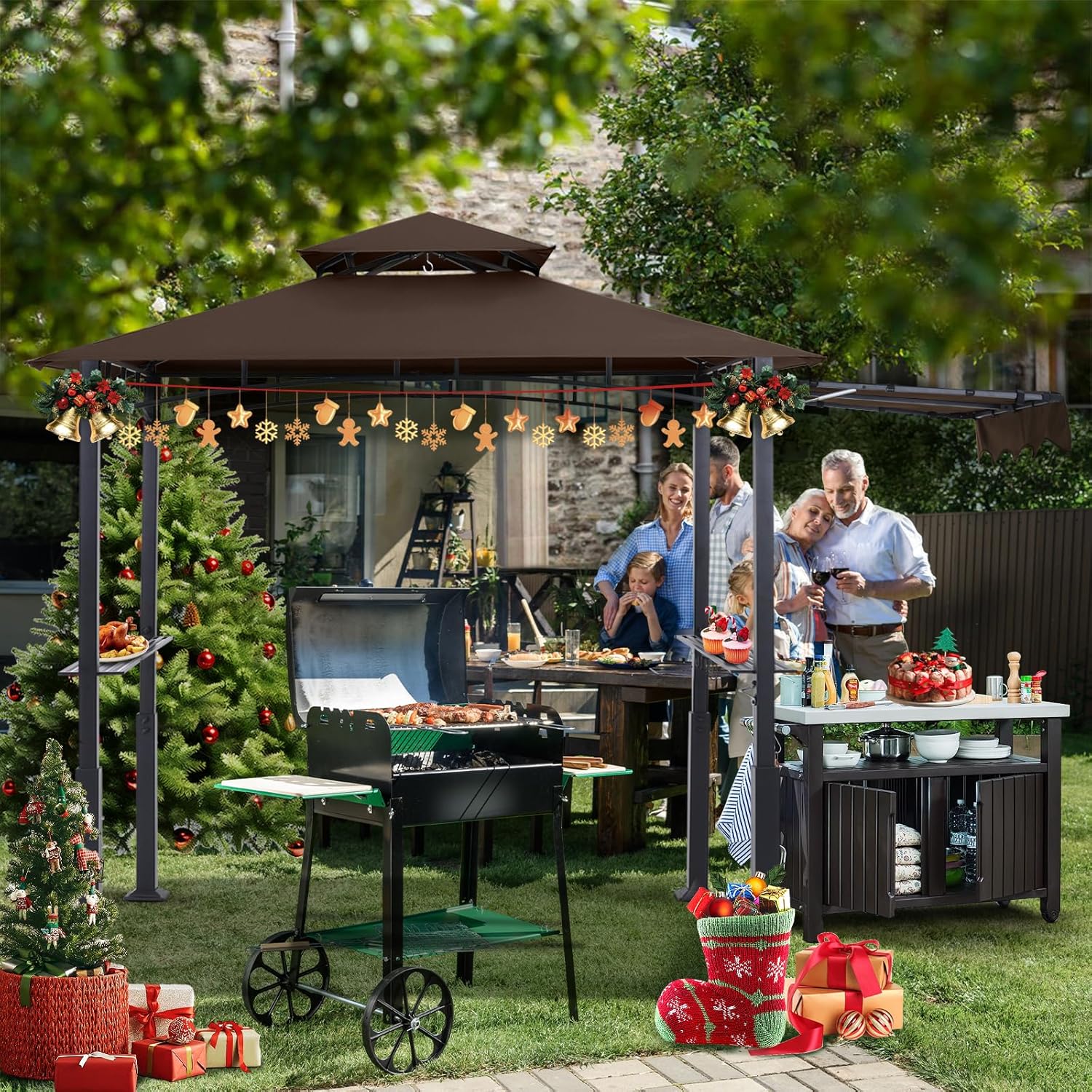 ABCCANOPY Grill Gazebo with Extra Awning - 11x5 Outdoor BBQ Canopy Shelter with 2 Led Lights for Patio Backyard Grilling (Brown)