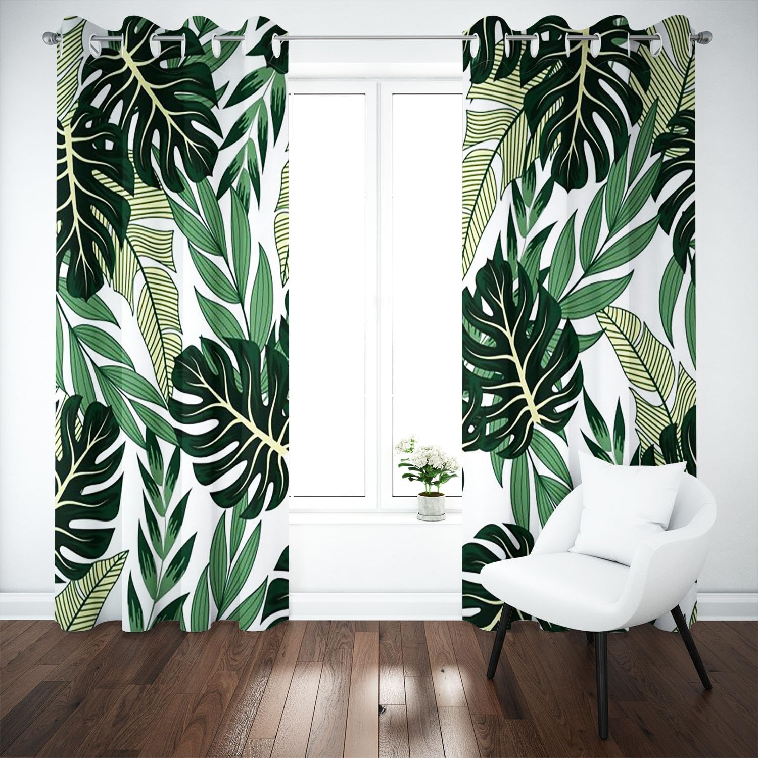 KARPIX Opaque Tropical Plants Palm Leaves Monstera Blackout Curtain Natural Theme Window Curtain with Eyelets for Children's Room (3.150 x 166 cm (2 x 75 x 166 cm)) - Image 2