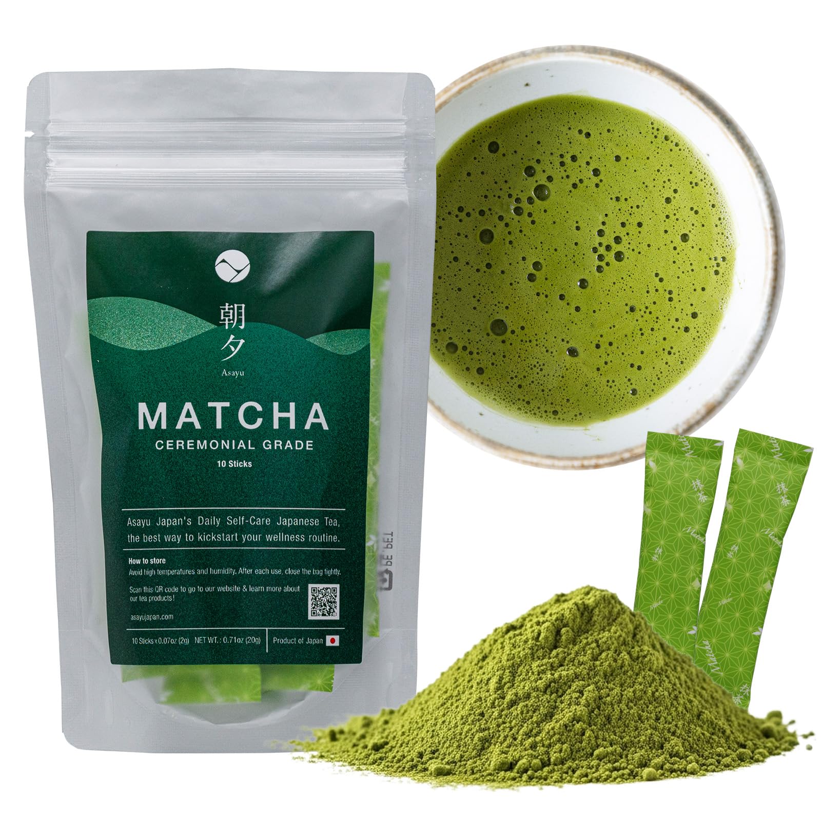 Asayu Japan Matcha Powder - Ceremonial Grade Green Tea Shizuoka Source Made in Japan Sticks - 10x2g