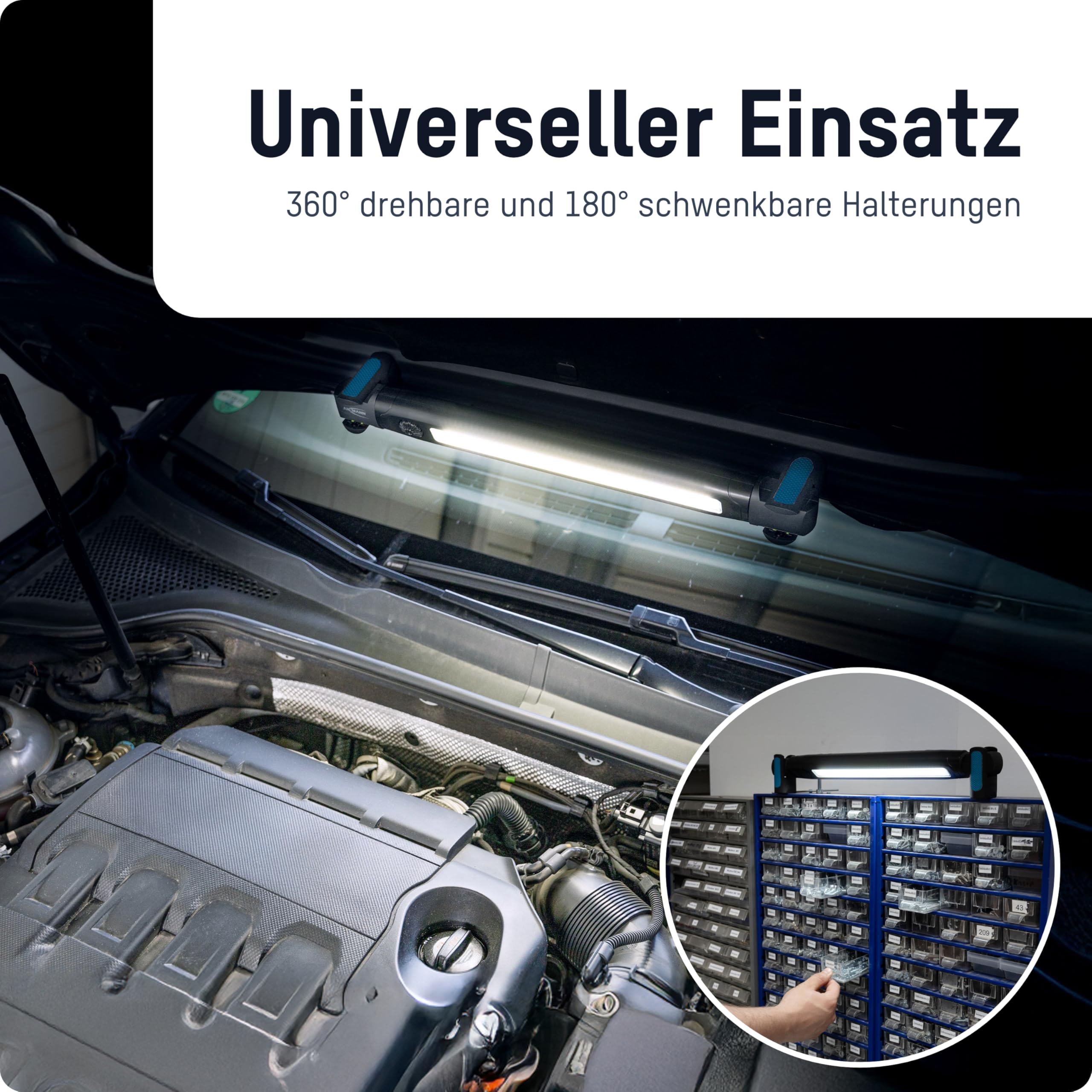 ANSMANN LED Arbeitsleuchte, aufladbare Inspektionsleuchte mit Magnethalterung und Haken, aufladbar via USB, Werkstattlampe, LED Taschenlampe bis zu 3000lm und 8h Leuchtdauer, camping, Werkstatt, KFZ