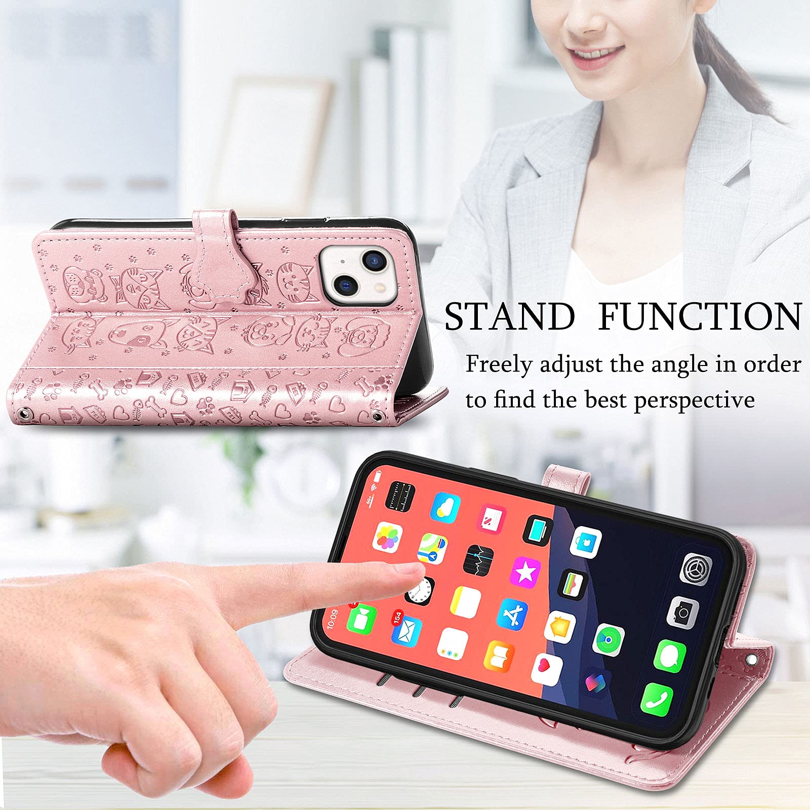 Custodia Portafoglio Per IPhone 13 Pro Con Stampa Gatto E Cane - Cover Libro In Pelle Con Slot Porta Carte, Supporto Magnetico E Antiurto, Rosa - 3