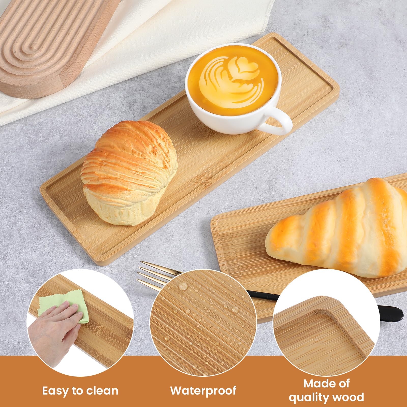 10 bandejas rectangulares de madera de bambú para servir de bambú, bandeja de servir de madera para baño, plato de encimera para comida para cena y cocina