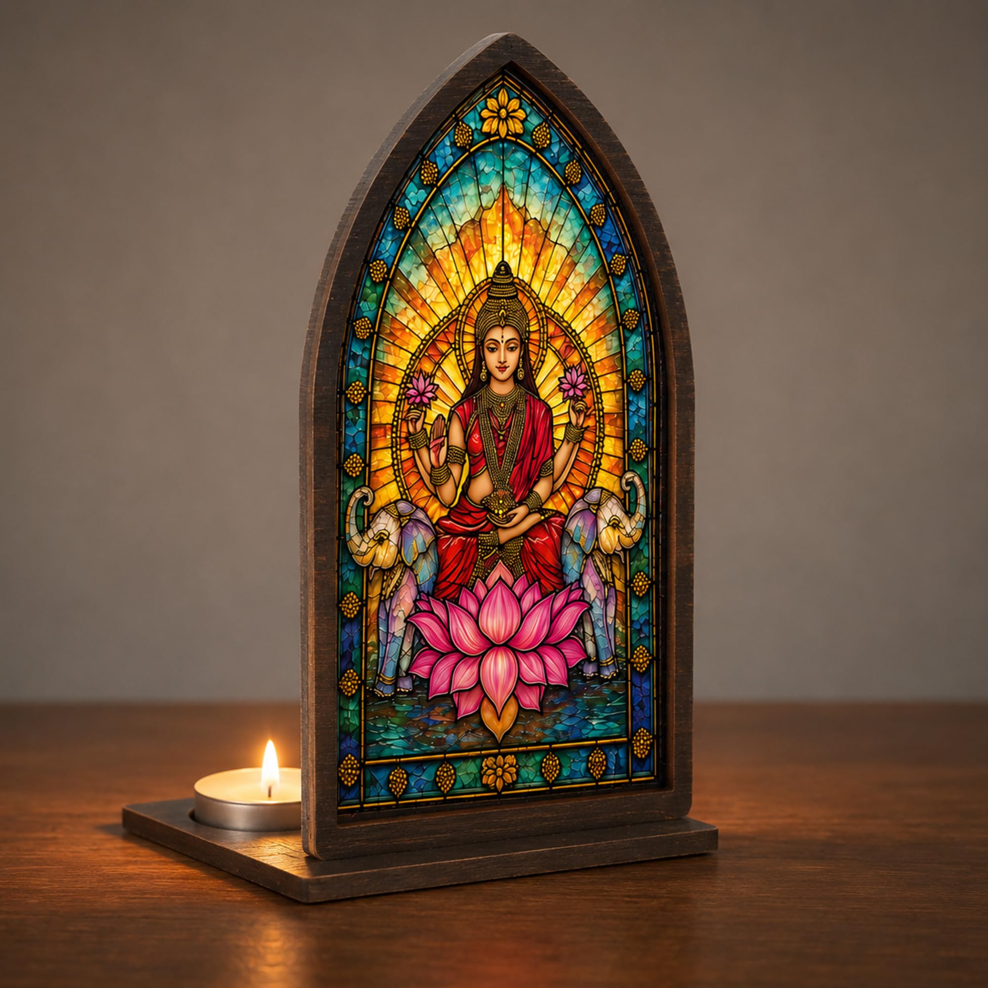 Diwali Candle Holder 2026, Goddess Lakshmi Indian Candle Holder with Lotus and Elephants, Vintage Stained Glass Style, Hindu Pooja Home Decor, Diwali Decorations for Home, Indian Decorations for Pooja
