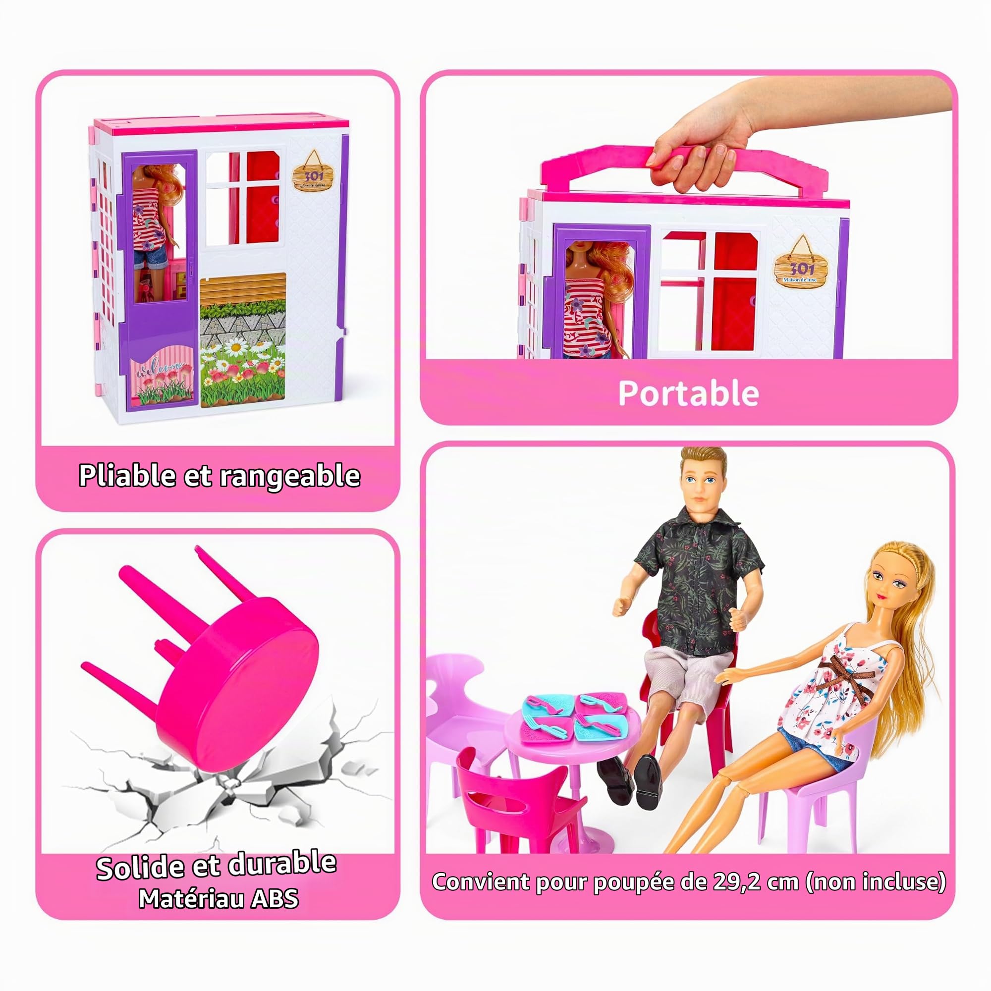 Dollhouse Gift Set for Girls - Grande maison de poupées pliable 6-en-1, de 60 accessoires avec meubles, 2 petites poupées, animaux & jeux extérieurs – Coffret portable – Compatible poupées 29cm