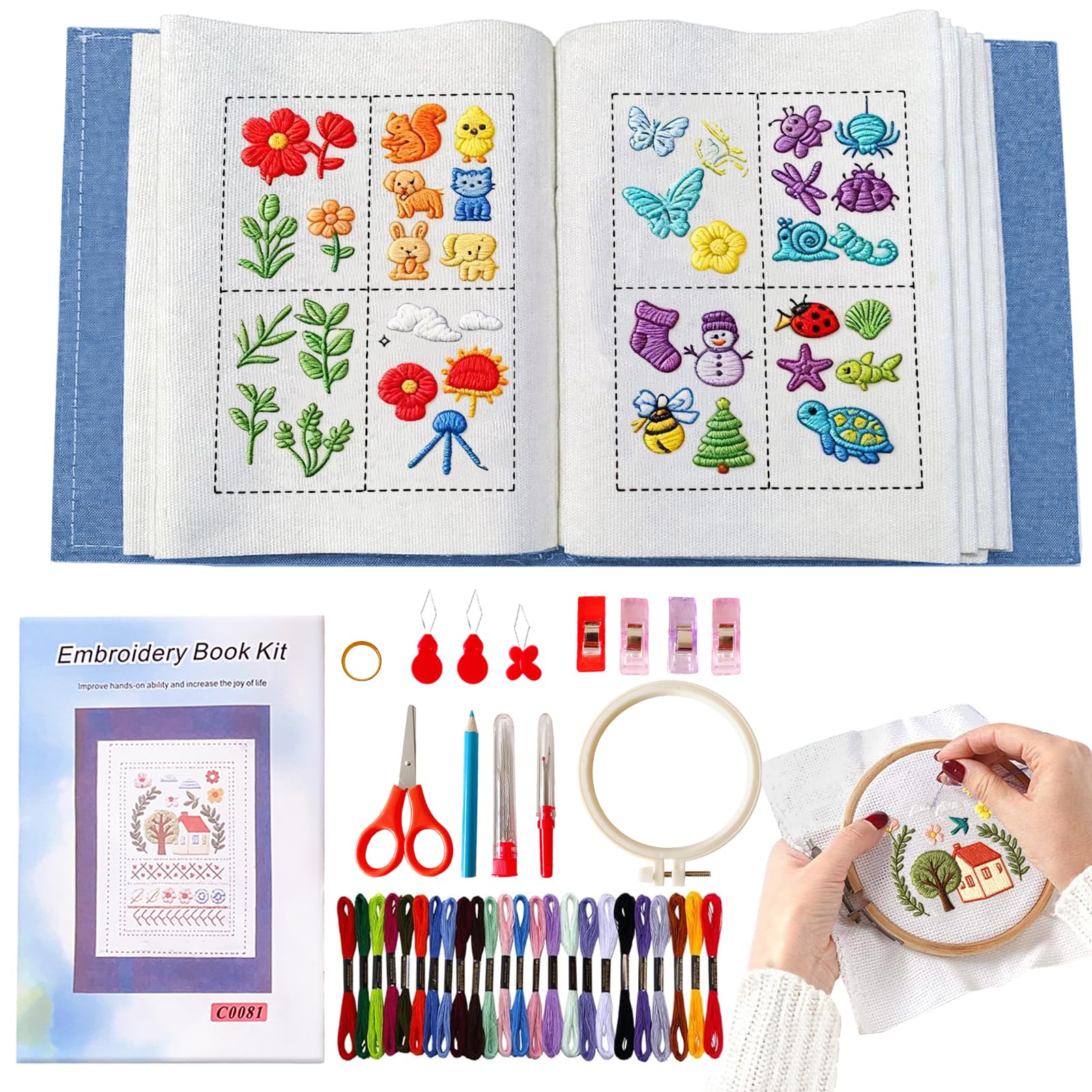 GIFTMISSU Embroidery Stitch Book Kit for Beginners – Portable Fabric Practice Book with Hoop, Threads and Embroidery Tools