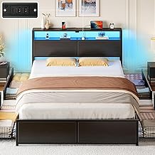 Rolanstar Full Size Bed Frame with 4 Storage Drawers, Charging Station and LED Lights, Metal Platform Bed with 2-Tier Storage Headboard, No Box Spring Needed, Easy Assembly, Noise-Free, Black