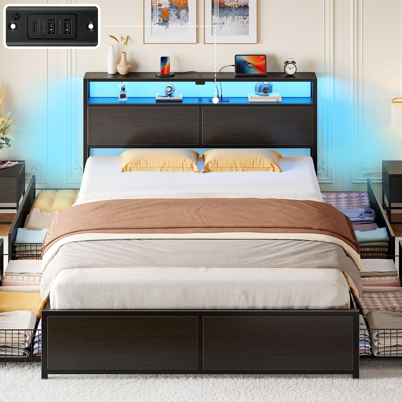 Rolanstar Queen Bed Frame with 4 Storage Drawers, Charging Station and LED Lights, Metal Platform Bed with 2-Tier Storage Headboard, No Box Spring Needed, Easy Assembly, Noise-Free, Black