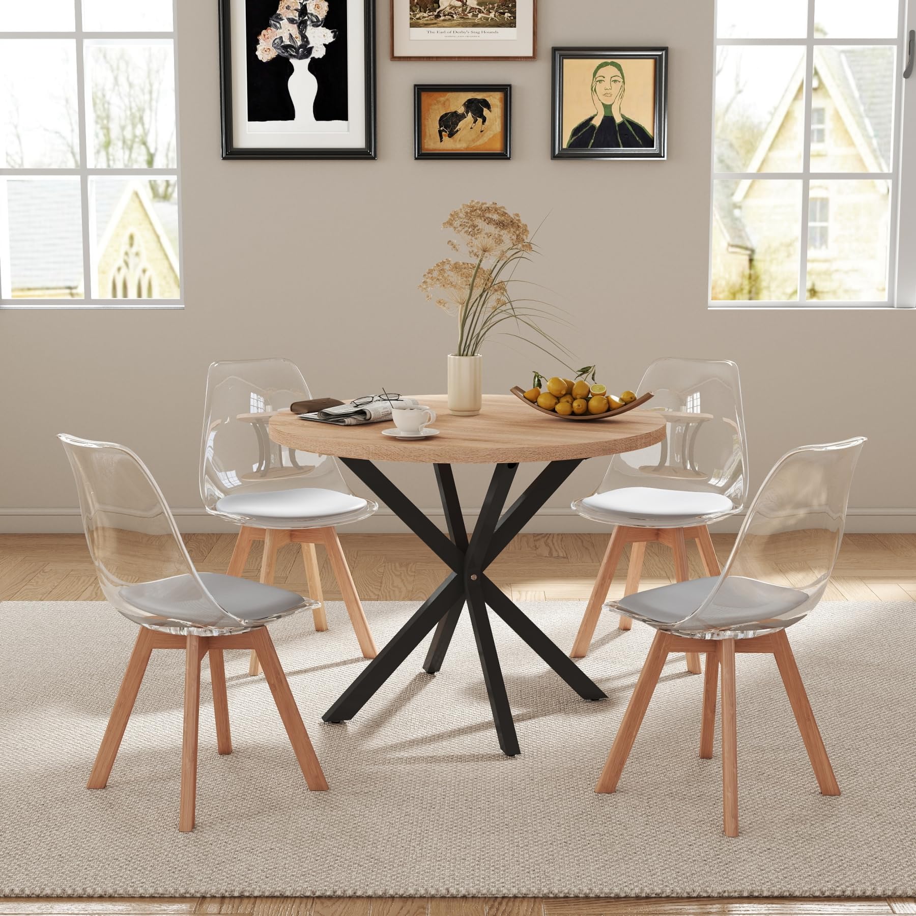 GrandCA HOME Tavolo da Pranzo con 4 Sedie, Tavolo da Pranzo Rotondo da 100 CM, Sedia da Cucina Imbottita Trasparente, Set Tavolo da Pranzo e Sedie (Chiaro + Grigio)