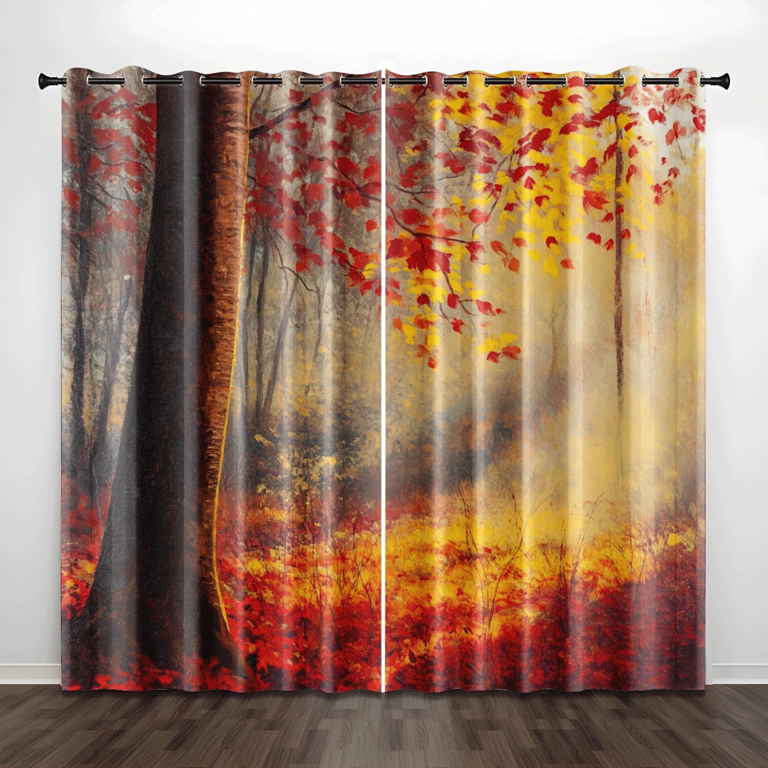 Curtains for Living Room Red Yellow Leaves Blackout Privacy for Bedroom Polyester Washable Thermal Insulated Noise Reducing Eyelet Door Curtain 2 Panels 2x75x166 cm(2 x 55.12 x 98.43 inch)