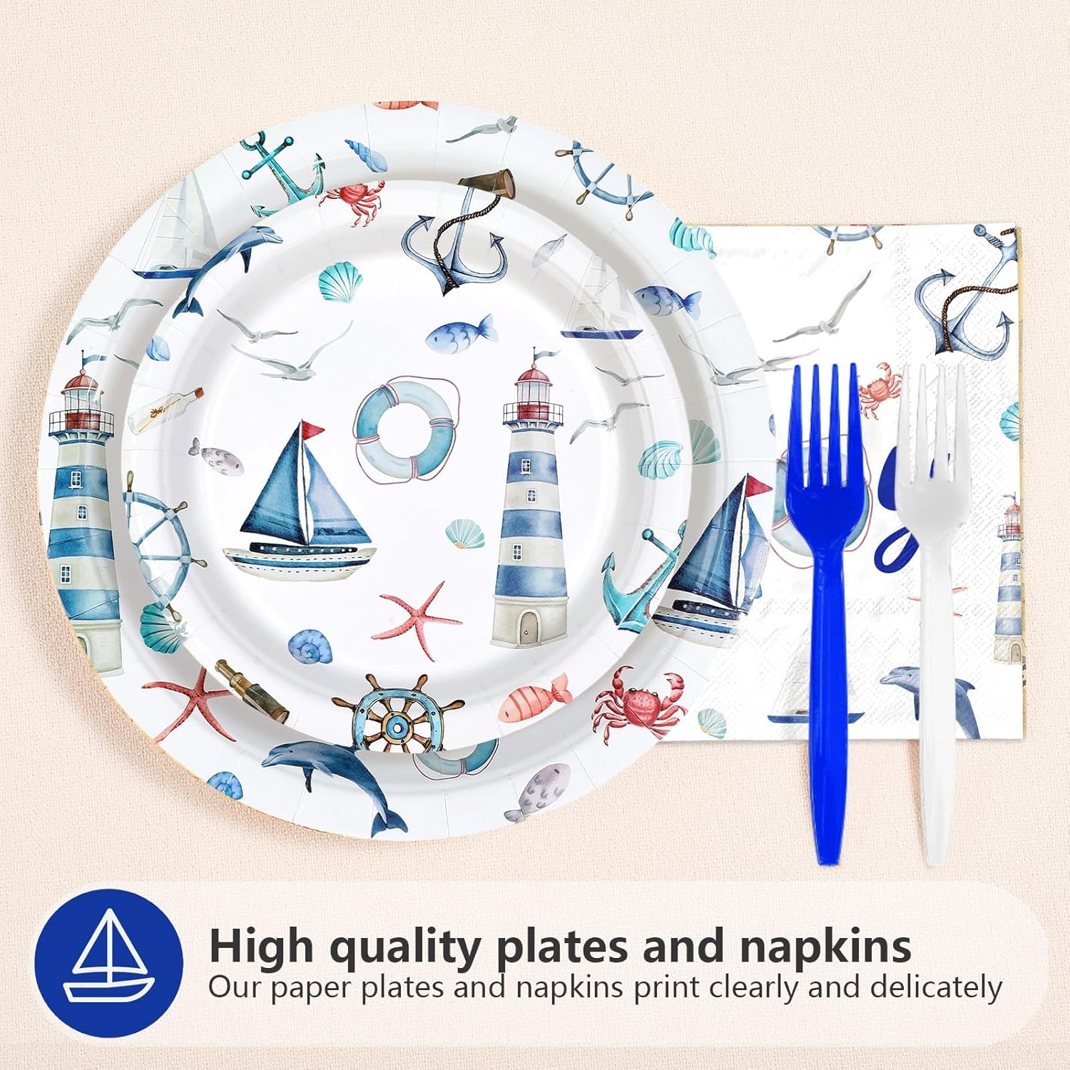 Grencian 96 Pcs Boy Nautical Party Decorations Oh It's A Boy Plates and Napkins Disposable Blue White Tableware Sets for Boys Baby Shower Baby Gender Reveal Birthday Sailing Party Supplies Serves 24 - Image 2