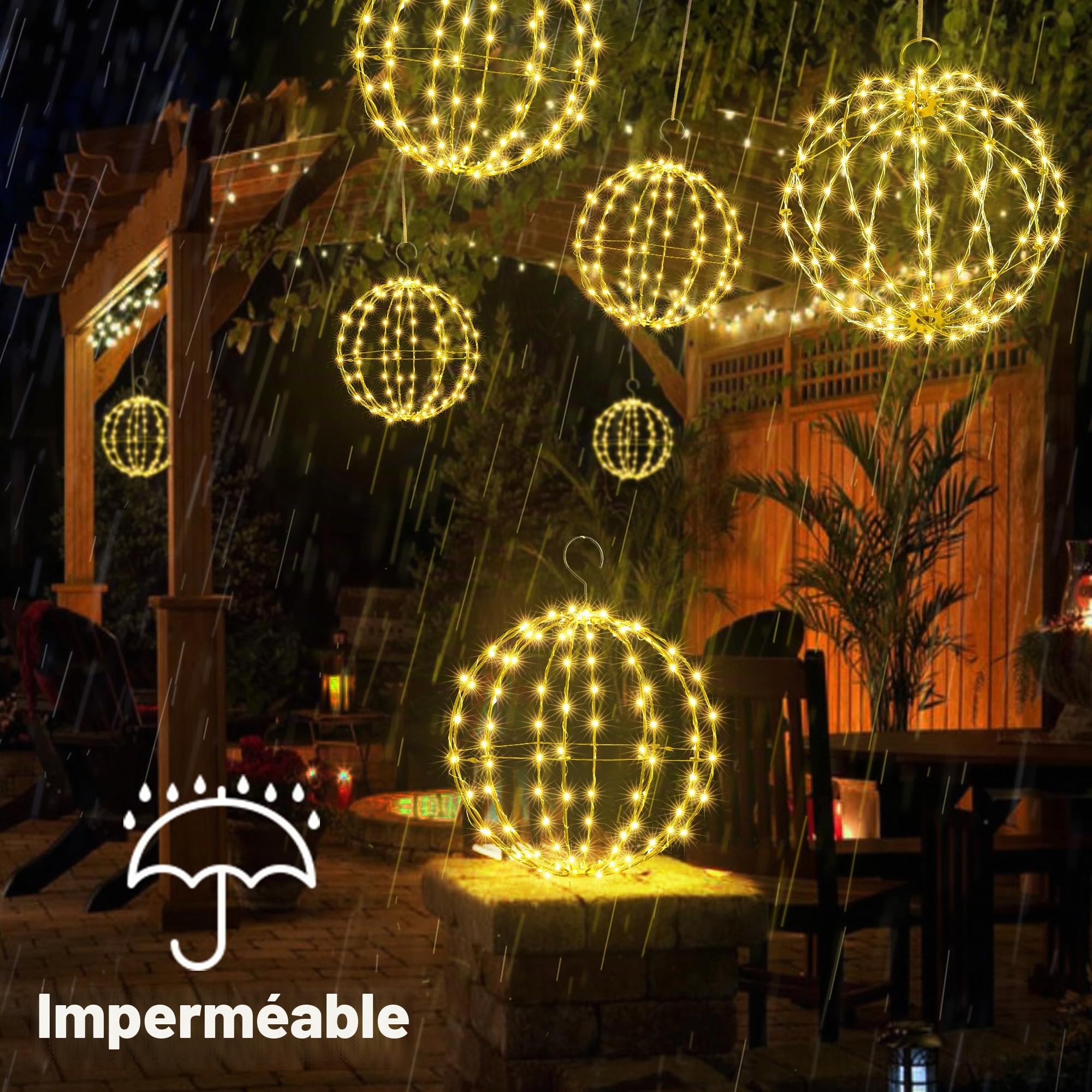 Joomer Boules de Noël à Piles Lot de 2 Blanc Chaud 33CM 144LED+ 28CM 120LED | Guirlande Lumineuse Exterieure Pliable en Métal, 8 Modes Décorations de Noël Étanche Minuterie pour Jardin Fête Intérieur