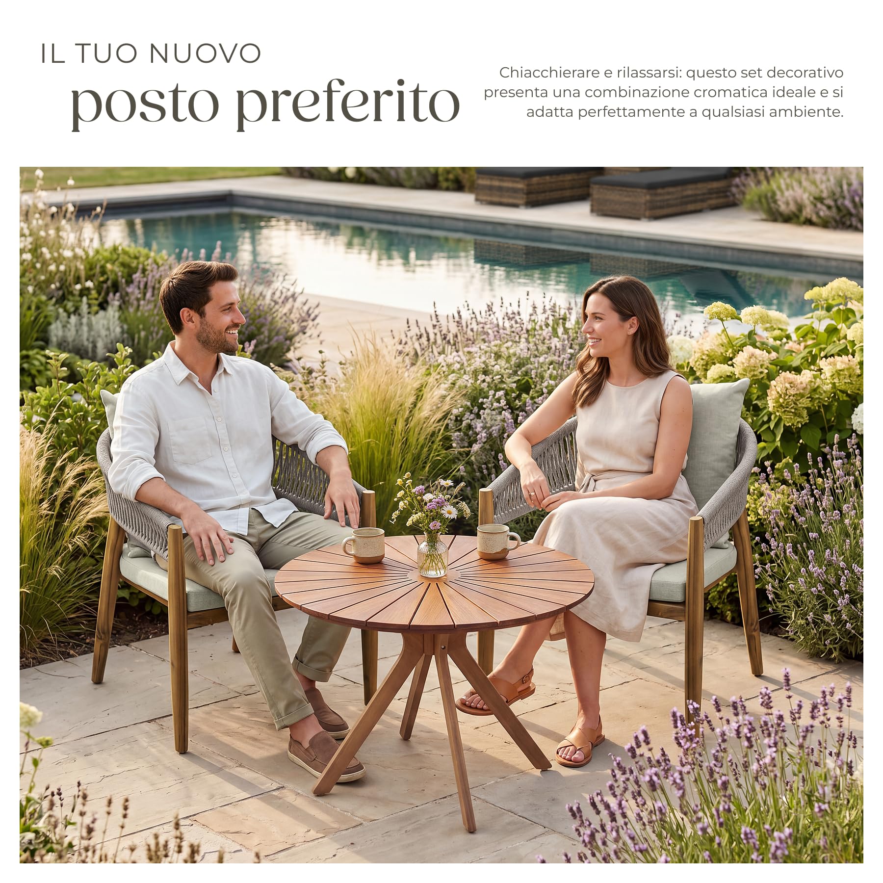 tectake® Set da Giardino da 3 Pezzi, Tavolo Rotondo Ø 70 cm e 2 Sedie Rope