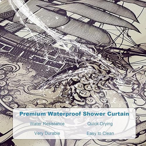 Miniatura 6 de Juego de cortinas de ducha náuticas de tela, diseño de pulpo, monstruo, velero, decoración de baño con ganchos, impermeable, lavable, 72 x 72