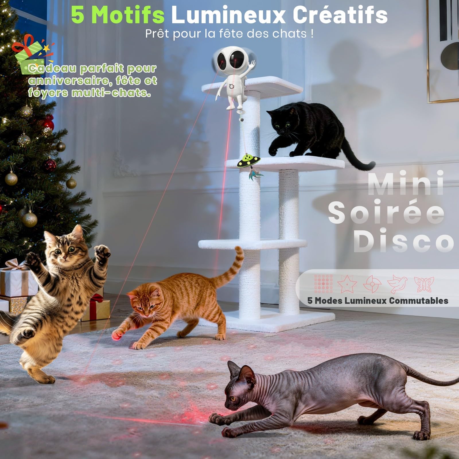 GoldenSun Jouet interactif 2 en 1 automatique avec double projection et pendentif OVNI pour chat d'appartement, activé par le mouvement, rechargeable, 4 modes de jeu, fixation par pince, blanc