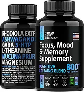 5-HTP Focus & Memory Supplement: Nootropic Brain Support with Gaba, L-Theanine, Rhodiola Rosea, Griffonia Simplicifolia, Mucuna Puriens, Ashwagandha Sleep Calm Relax for Men & Women, 60 Capsules