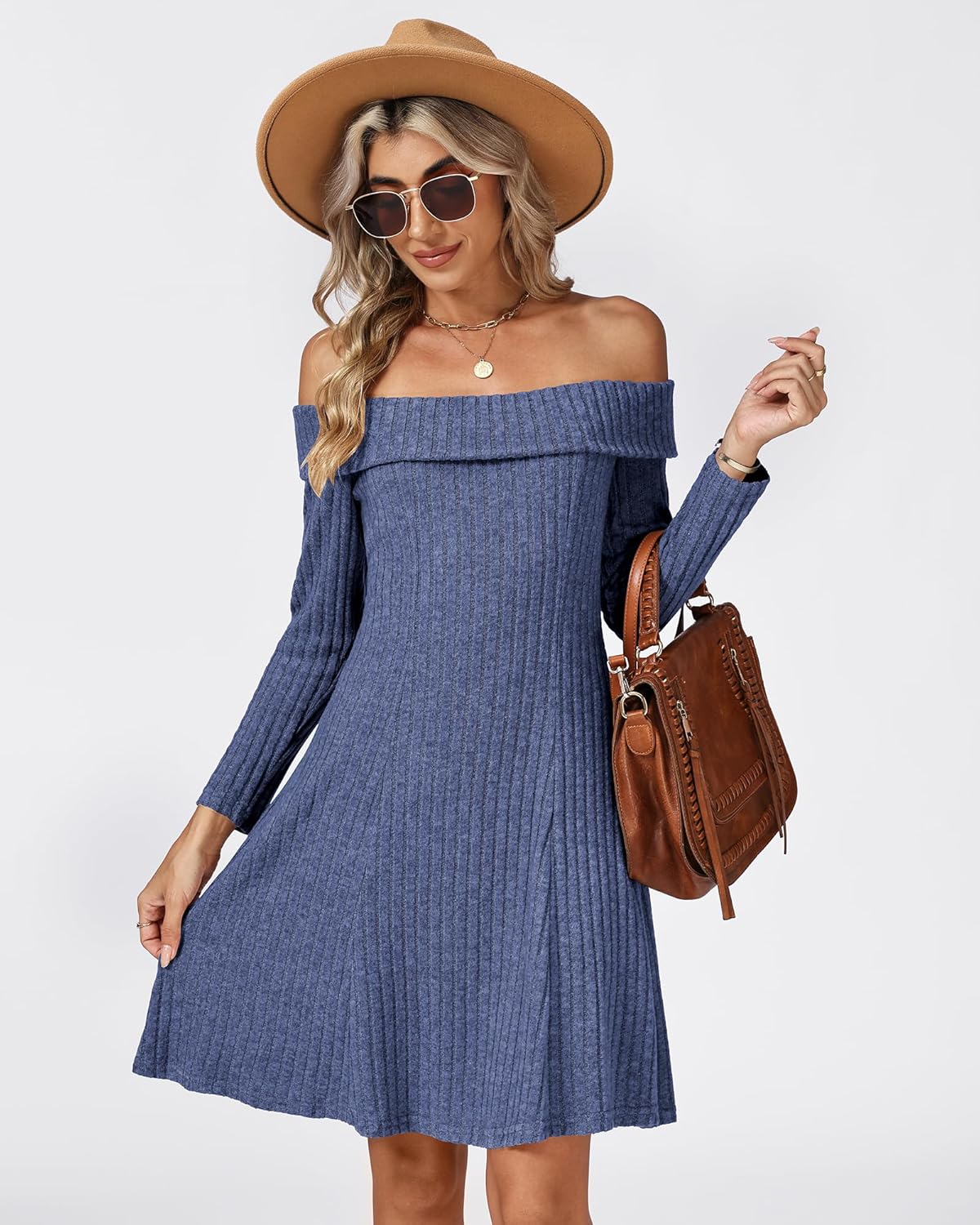 Womens Off The Shoulder Long Sleeve Casual Mini Dress - Image 2