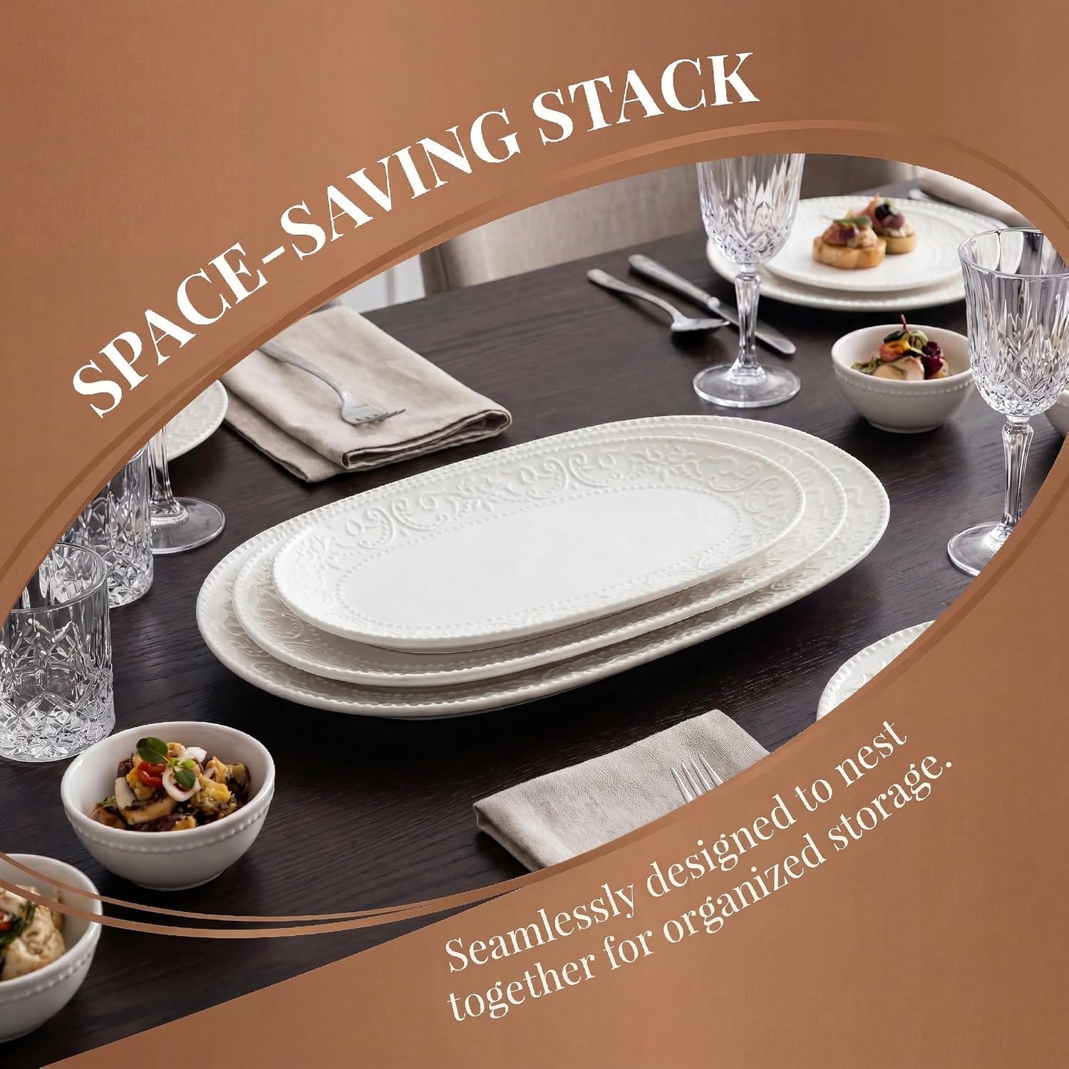 Oval Serving Platter, 14"/12"/10" Ceramic Serving Platters, Embossed White Serving Plates, Stackable Porcelain Tray for Appetizer, Dessert, Pasta, Sushi, Oven Dishwasher Safe, Set of 3, Family Dining