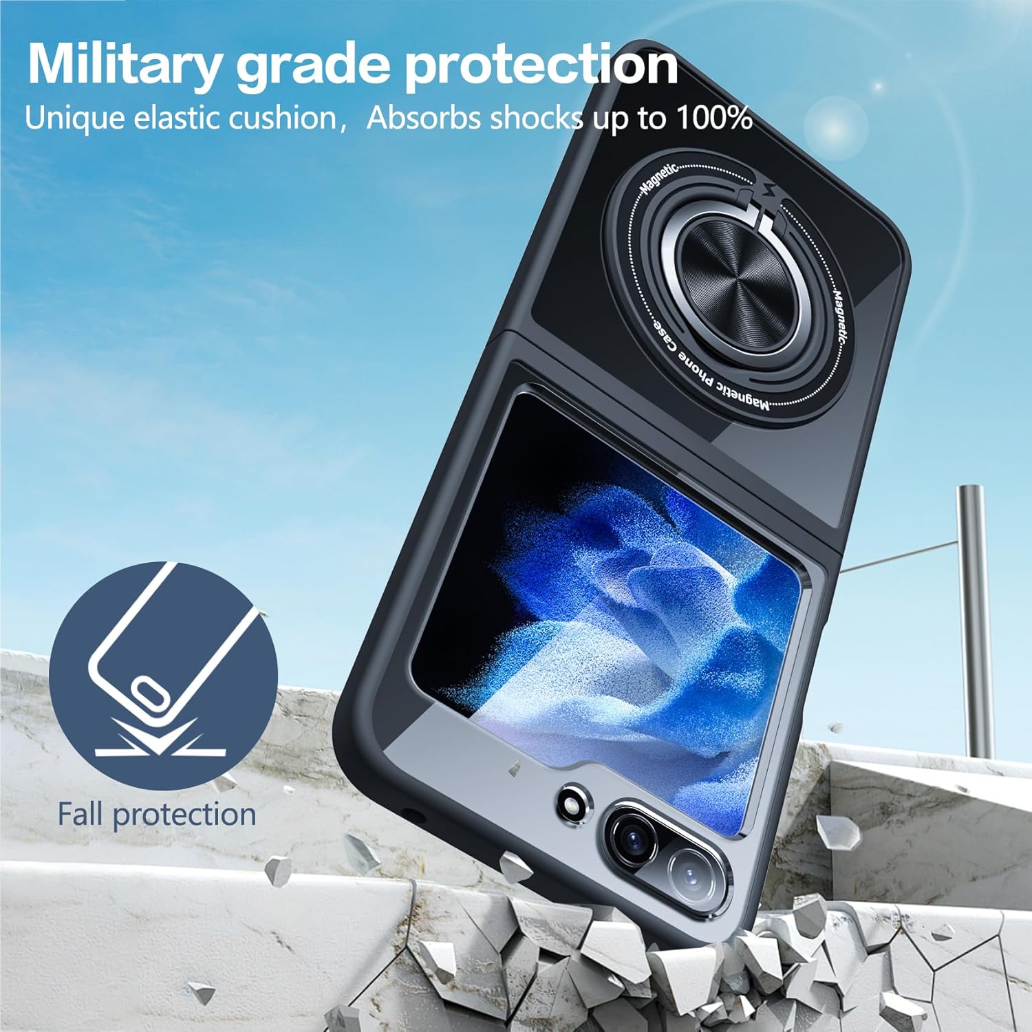 for Samsung Galaxy Z Flip6 Case Compatible with Magnetic,with Ring Holder,Transparent Hard PC Scratchproof Case,Bracket Phone Case 6.7inch,Black JUS12-53