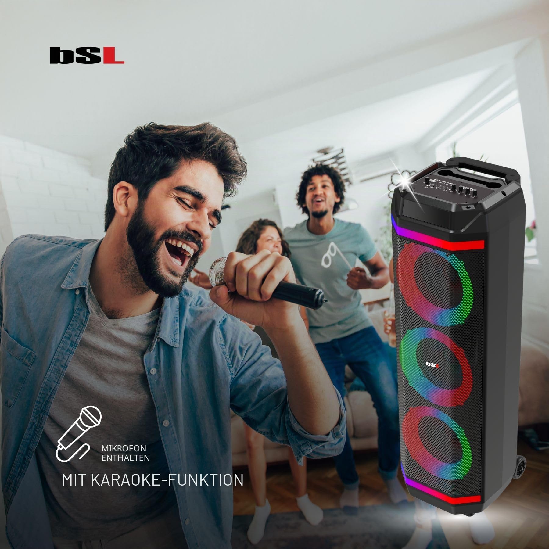 Bluetooth-Lautsprecher BSL-S61 mit Beleuchtung an den Lautsprechern | 3 Lautsprecher mit 8 Zoll | 50 W | Inklusive Mikrofon | 3600 mAh Akku | FM-Radio und MP3-Player via USB | USB-C-Aufladung