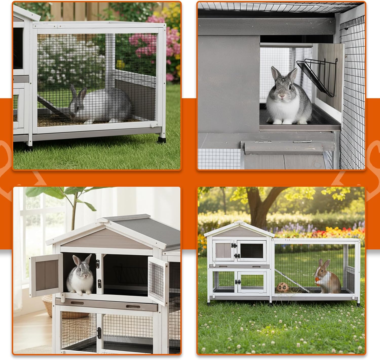 2-Story Rabbit Hutch Outdoor with Wheels, Weatherproof Indoor Bunny Cage with Anti-Chew Metal Frame Ramp, 3 Pull-Out No-Leak Trays, Waterproof Roof, Small Animals Cage