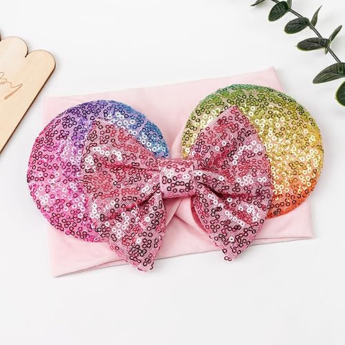 Miniatura 10 de 3 diademas de orejas de ratón para bebé niña con lazo de lentejuelas, diadema de nailon de 4.5 pulgadas de ancho, diadema de parque temático,
