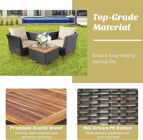 Miniatura 7 de COSTWAY Juego de muebles de ratán para patio al aire libre, 3 piezas, mesa de madera, sofá acolchado, color beige