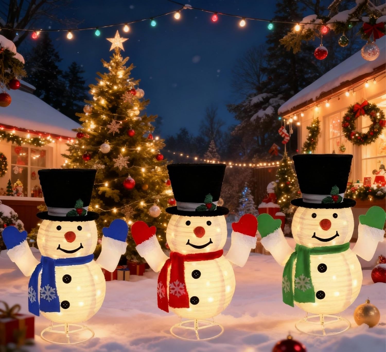 Honoson 3 Pcs Lighted Outdoor Snowman Family Set Pop up Lighted Christmas Snowman Collapsible Festive Winter Christmas Decorations for Holiday Yard Garden Lawn