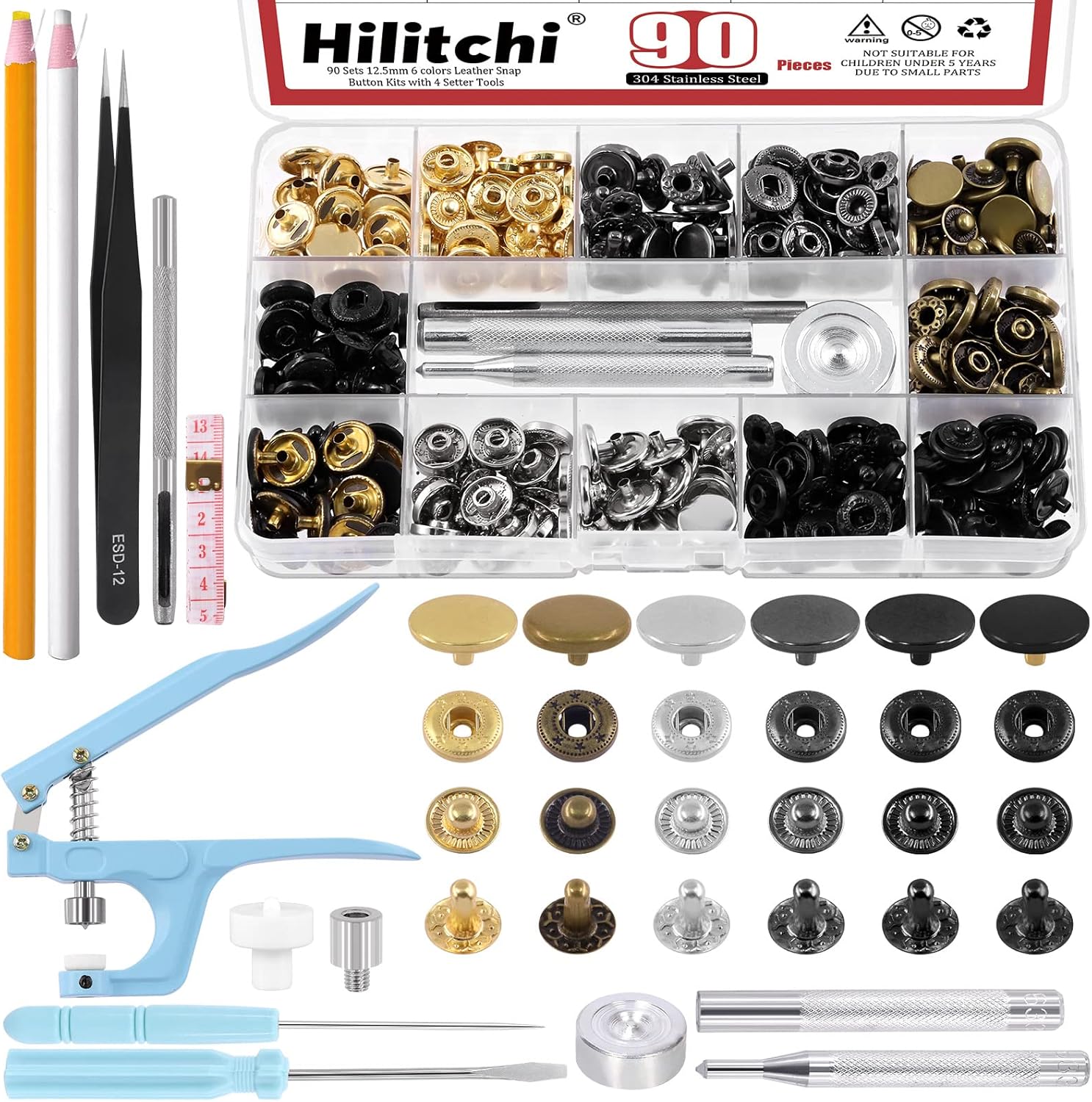 Hilitchi 103 Sets Leather Snap Fasteners Kit, 6 Colors 12.5mm Press Studs Metal Snaps Metal Button Snaps with Snap Pliers, Setting Tools, Fabric Marker, Tweezers, Measuring Tape for Clothes, Jeans A Kit