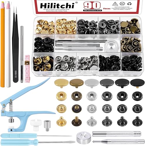 Hilitchi Kit de 129 cierres de cuero, 6 colores de 0.492 in, broches de presión de metal, botones de metal con martillo, perforador de agujeros,