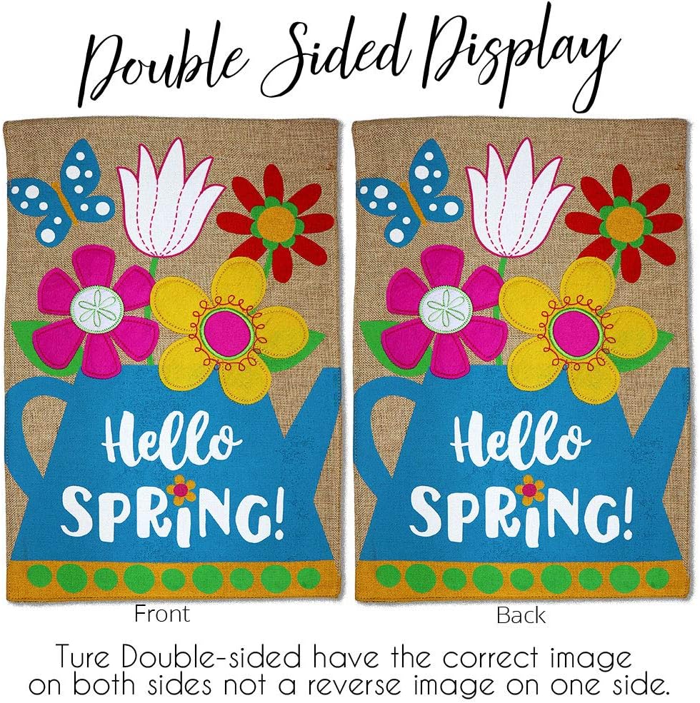 Hello Spring Burlap Garden Flag - Floral Sunflower Tulip Rose Orchid Lilies Season Springtime Flower Wreath - Yard Decorations Holiday Outdoor Flags Double-Sided 12.5 X 18