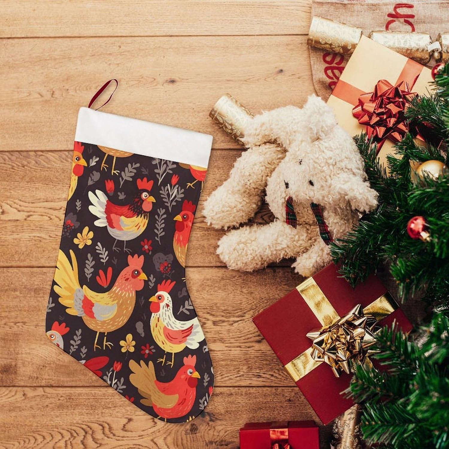 Christmas Stockings - Cute Rooster Chickens Large Xmas Socks, Soft Plush Fireplace Stocking with Hanging Loop, Santa Holiday Decor for Family Party Christmas Tree Decorations image 5