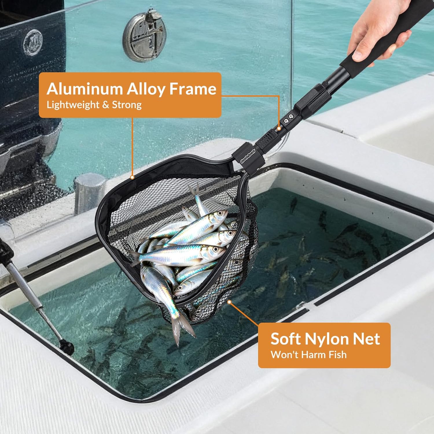 QualyQualy Floating Bait Net – Aluminum Livewell Net, 8" Hoop, 15"–21" Handle, Soft Mesh, EVA Grip, Belt Hook & Anti-Drop, for Minnows, Sardines, Herring – Telescopic & Collapsible Baitfish Net