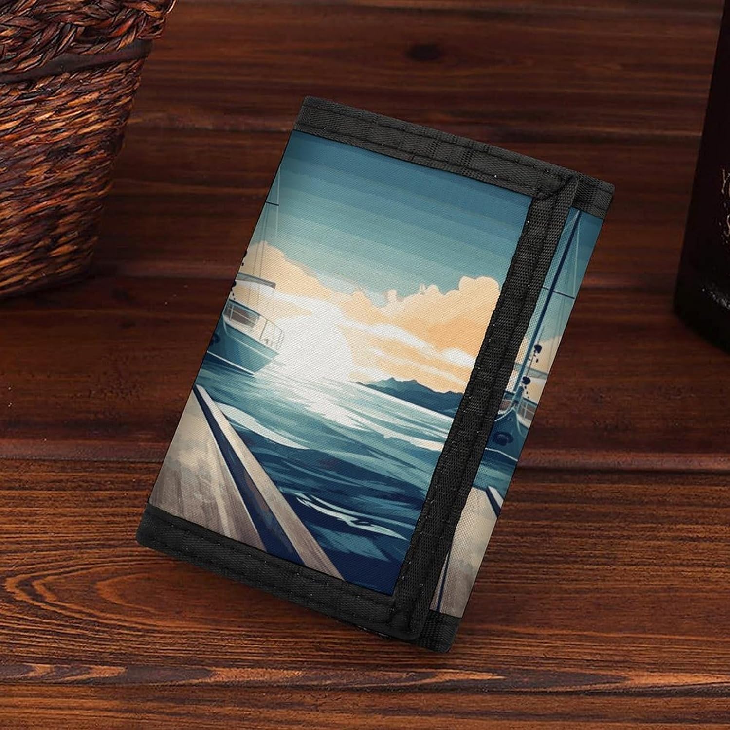 Boat Seascape Theme Wallet for Men Women Zipper Travel Wallets Stylish Trifold Wallets with Large Capacity Bifold Wallet