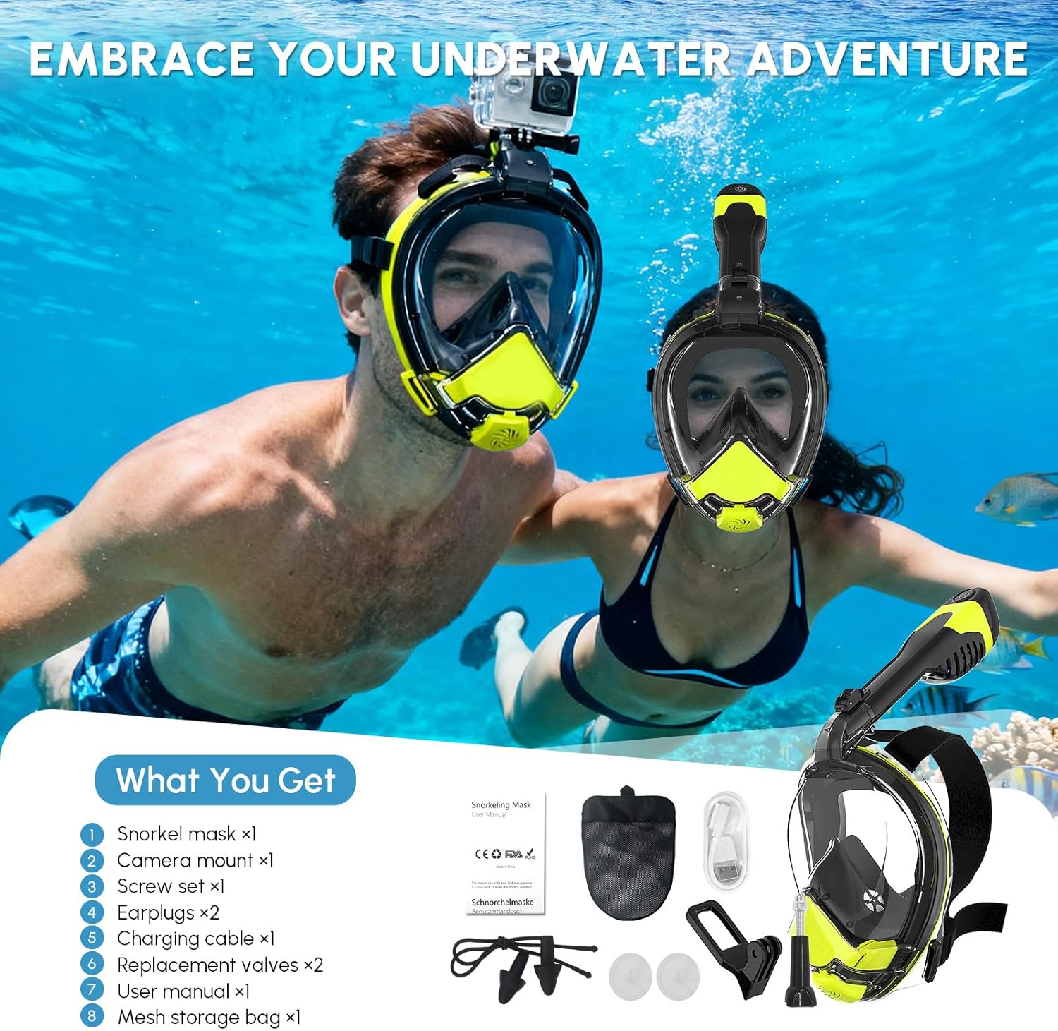 Electric Full Face Snorkel Mask for Adults, Snorkeling Gear with Latest Dry Top System, Patented Airflow System with Fan Assistance, 180° Panoramic Foldable Design, Anti-Fog & Anti-Leak - Image 8