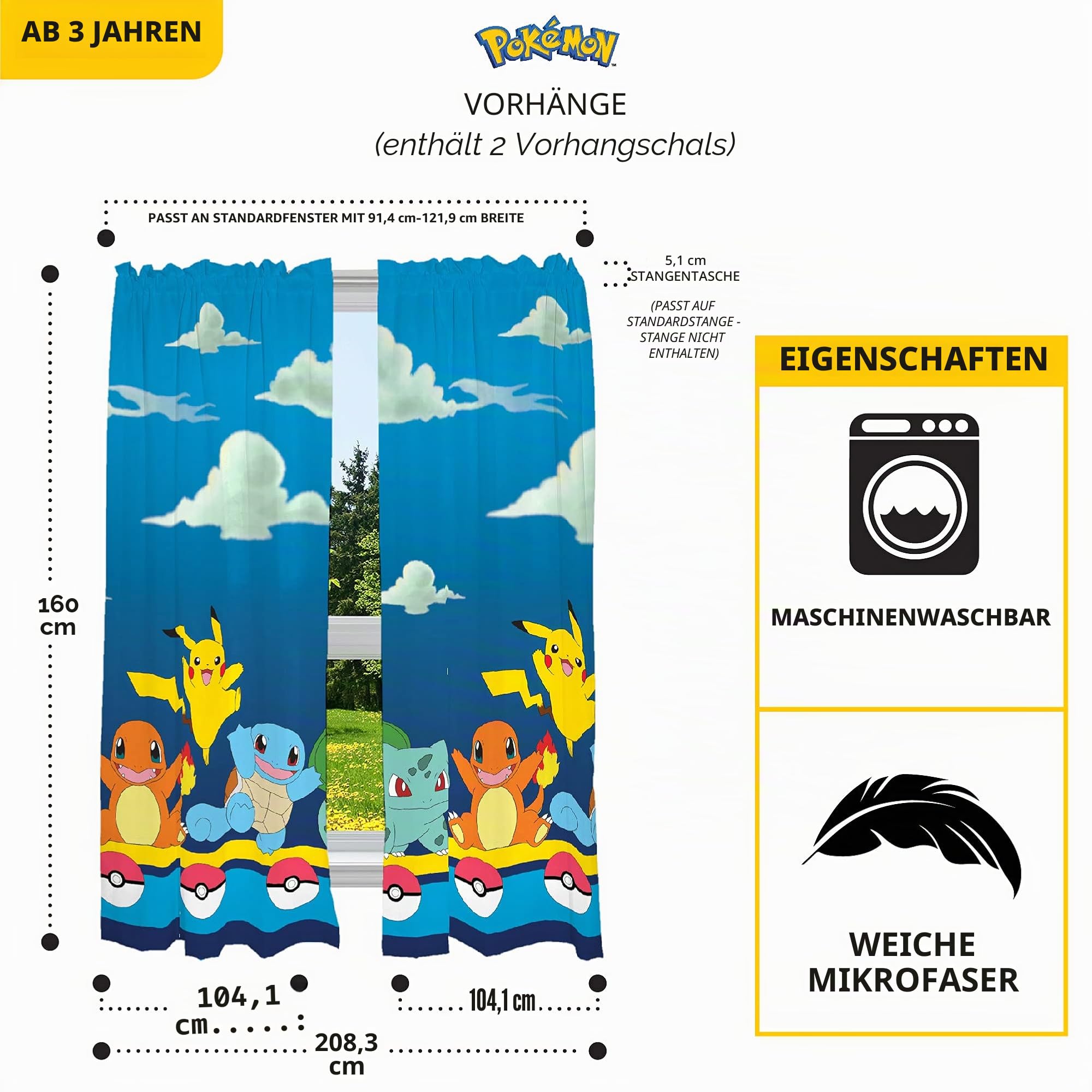 Franco Gardinen-Set für Kinderzimmer, 208 x 160 cm, Pokemon, NU5248, 82 in x 63 in