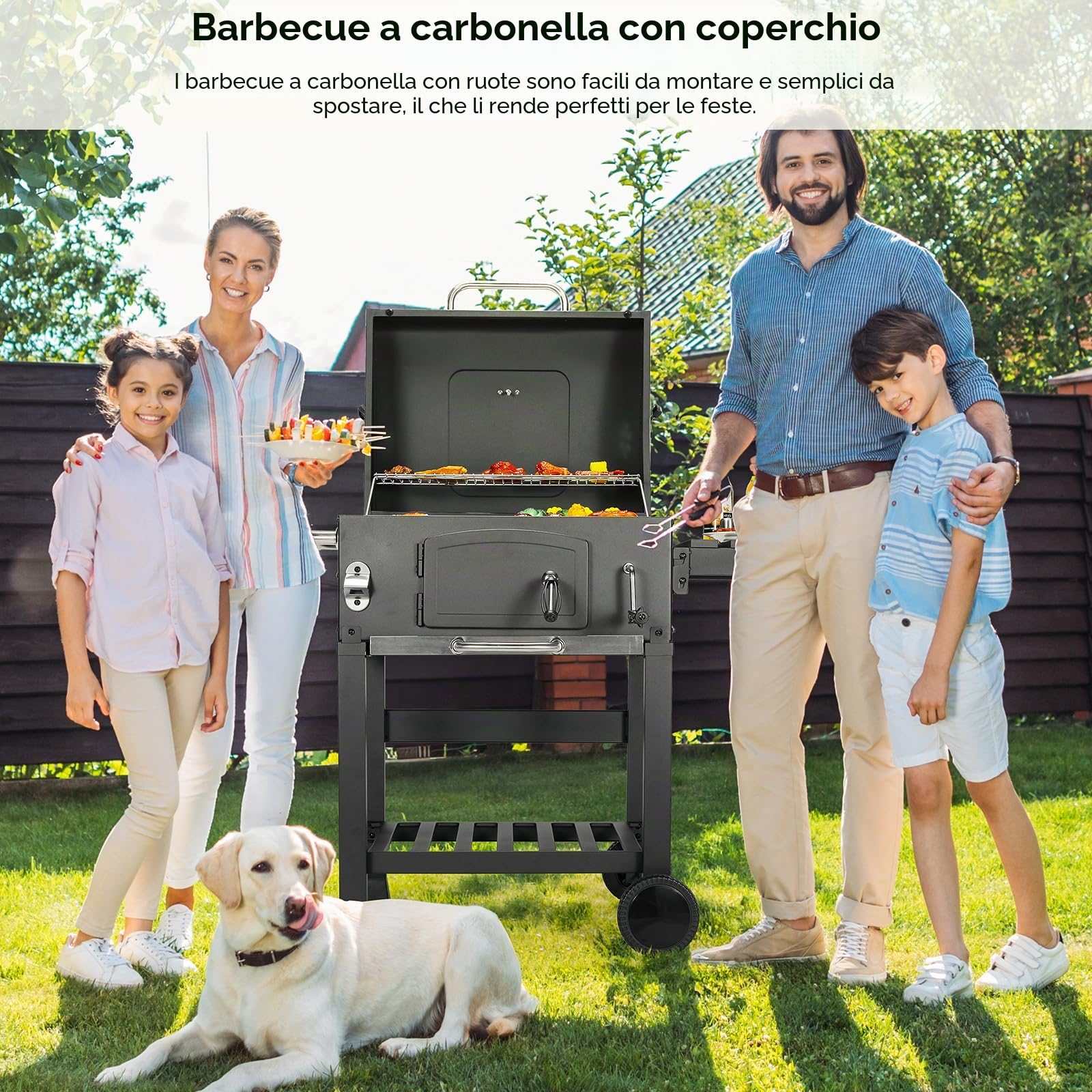 LIFERUN Barbecue Carbonella XL, Barbecue a Carbonella con Coperchio, Griglia per Barbecue con 2PCS Ruote, Termometro, Grande BBQ Smoker con Carrello per Campeggio, Giardino