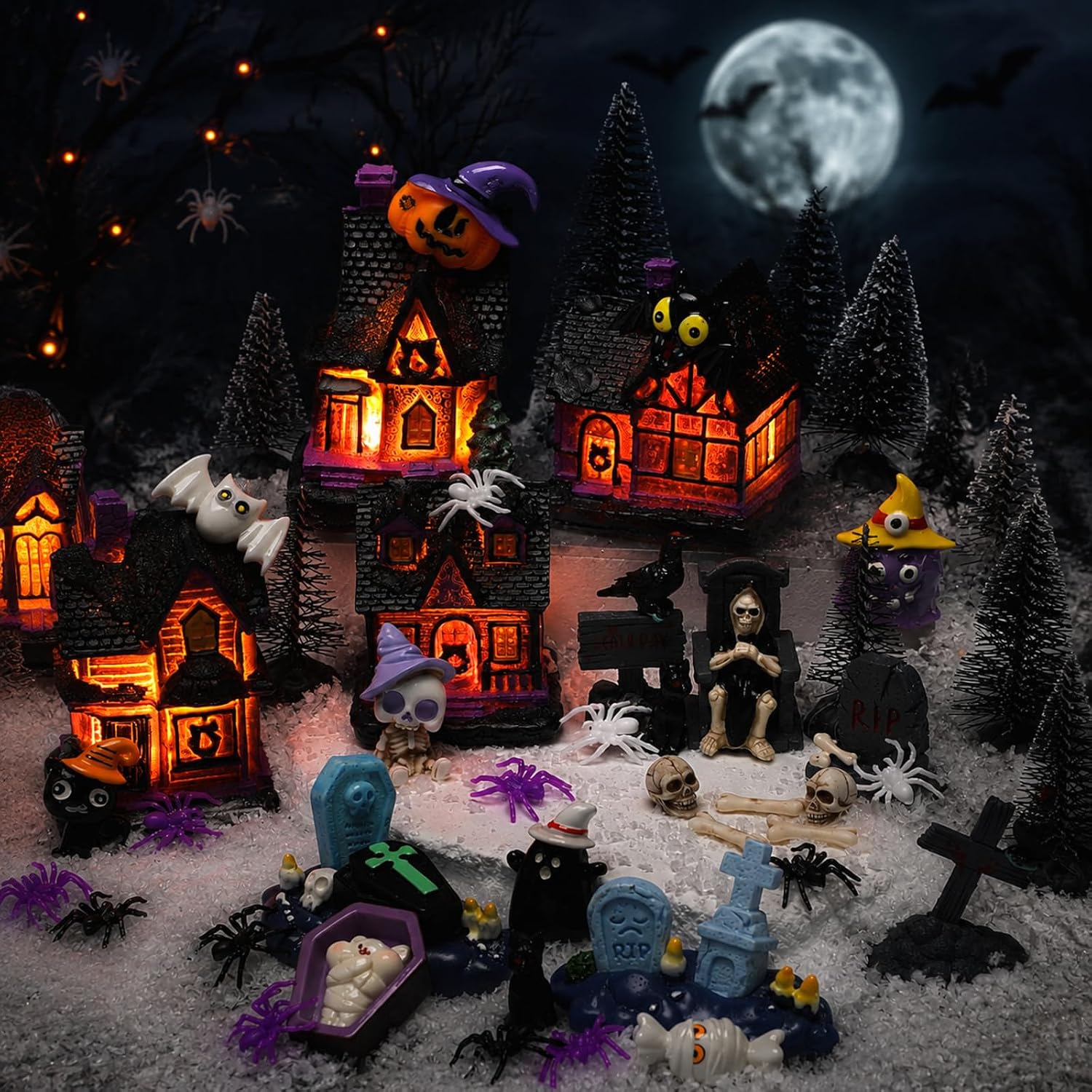 88 Pcs Lighted Halloween Village Accessories Set, Purple 7