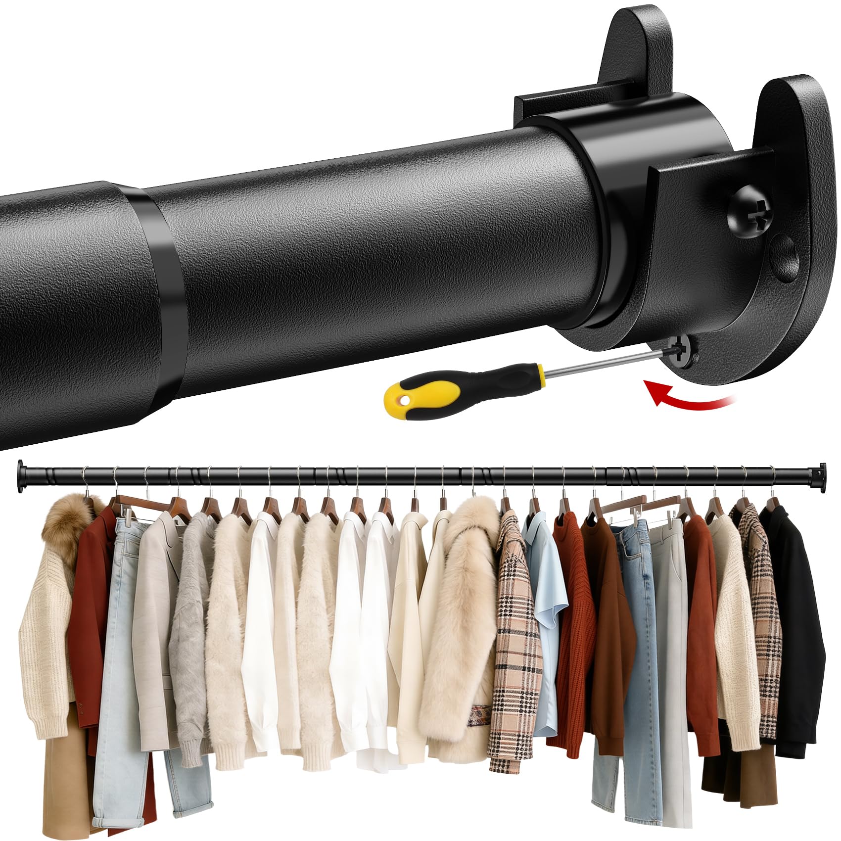 Photo 1 of 17 to 84 Inch Closet Rods for Hanging Clothes with Screwdriver, Stepless Adjustable Closet Rod Heavy Duty, 1.3 Inch Clothes Hanging Rod Metal Closets Pole Bar for Wardrobes Laundry Bathroom RV, Black