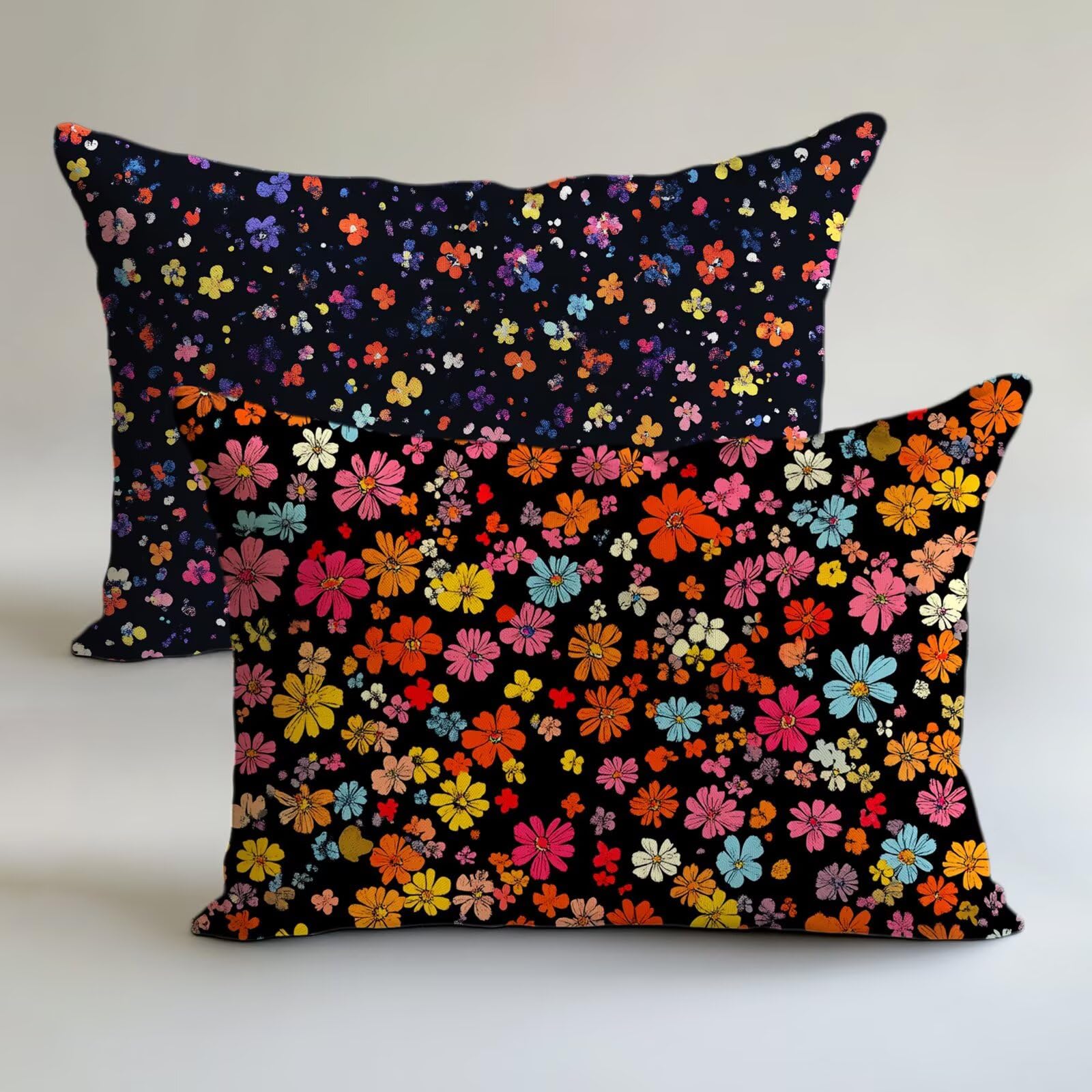 Taie en lin décoratif d'oreiller noir floral 40x70cm, housse de coussin prestige 2 pièces