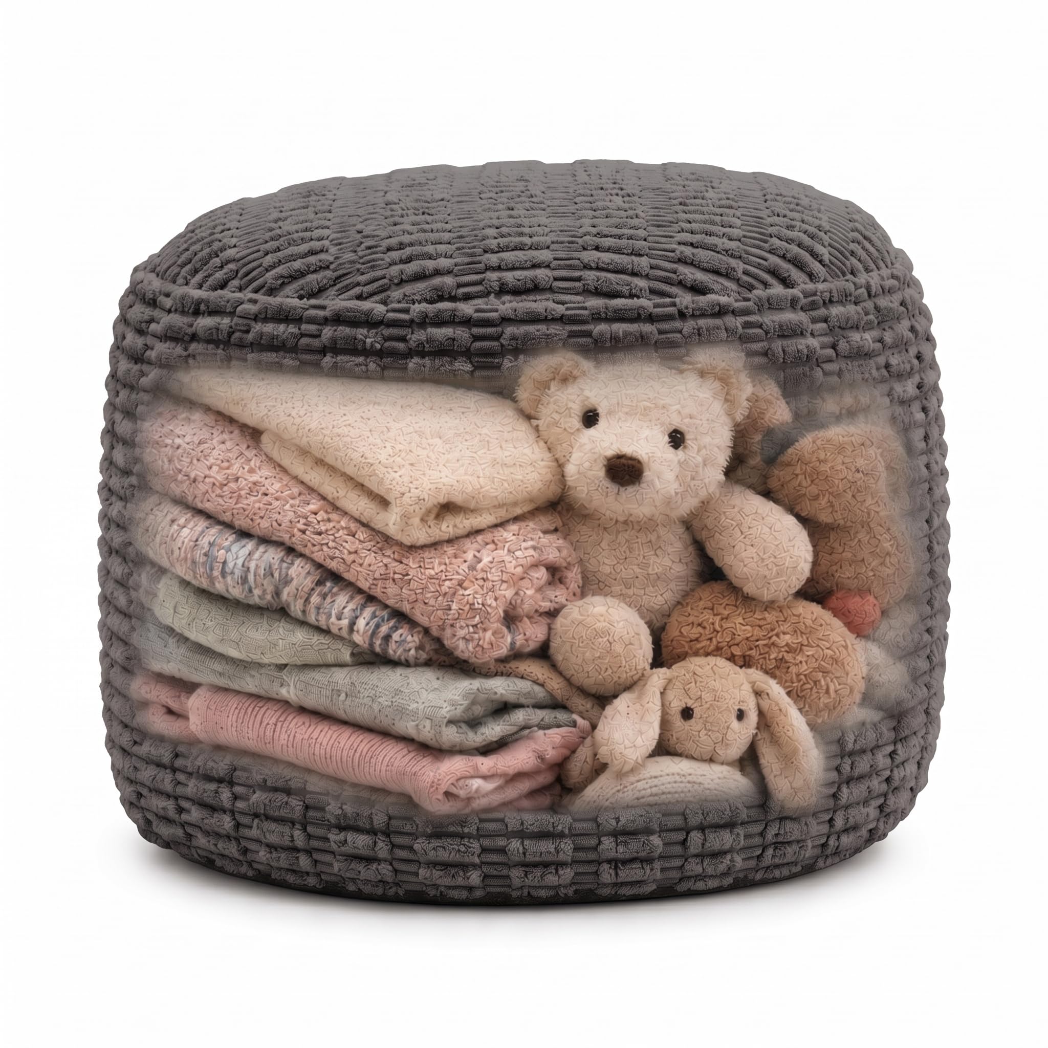 Round Pouf Ottoman Cover Only, Charcoal Gray, 20"x13", Small Storage Cover