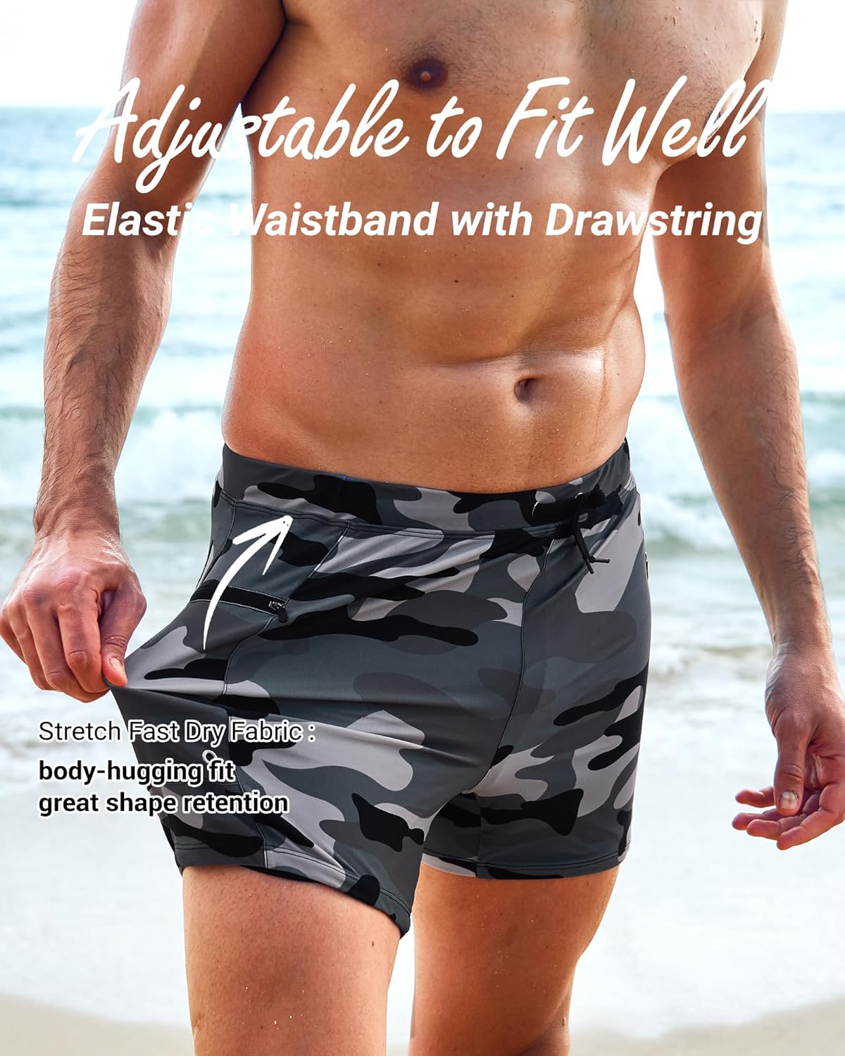 Arcweg Men's Swimwear Swimsuits Boxer Briefs Shorts Quick Dry Bathing Suit with Zipper Pockets Adjustable Drawstring - Image 2