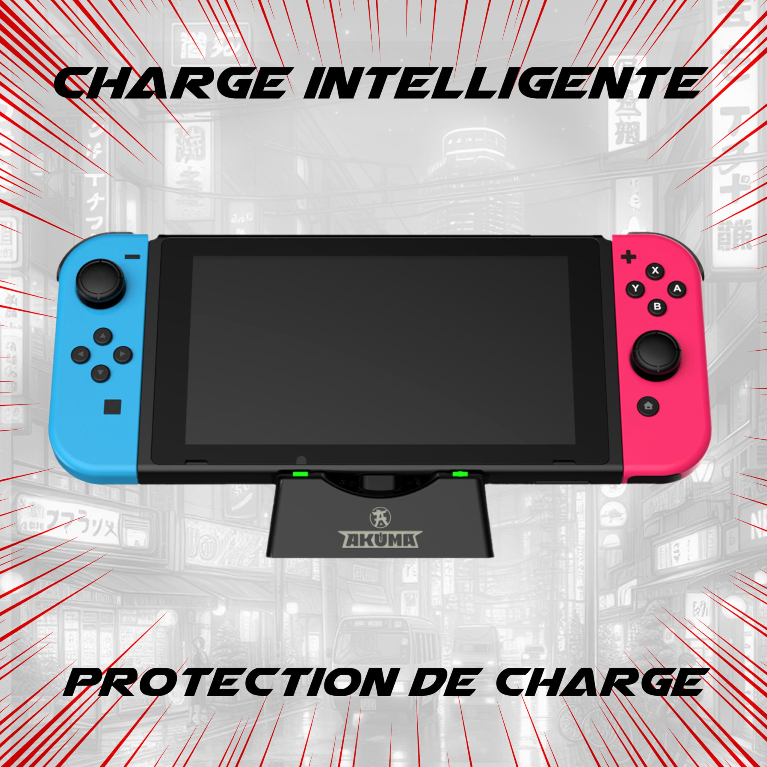 AKUMA Cyber V02 Stazione di Ricarica per Nintendo Switch - Controller Pro Controller, Joy-Cons, Switch/Switch OLED/Switch Lite Ricarica Intelligente - Nero