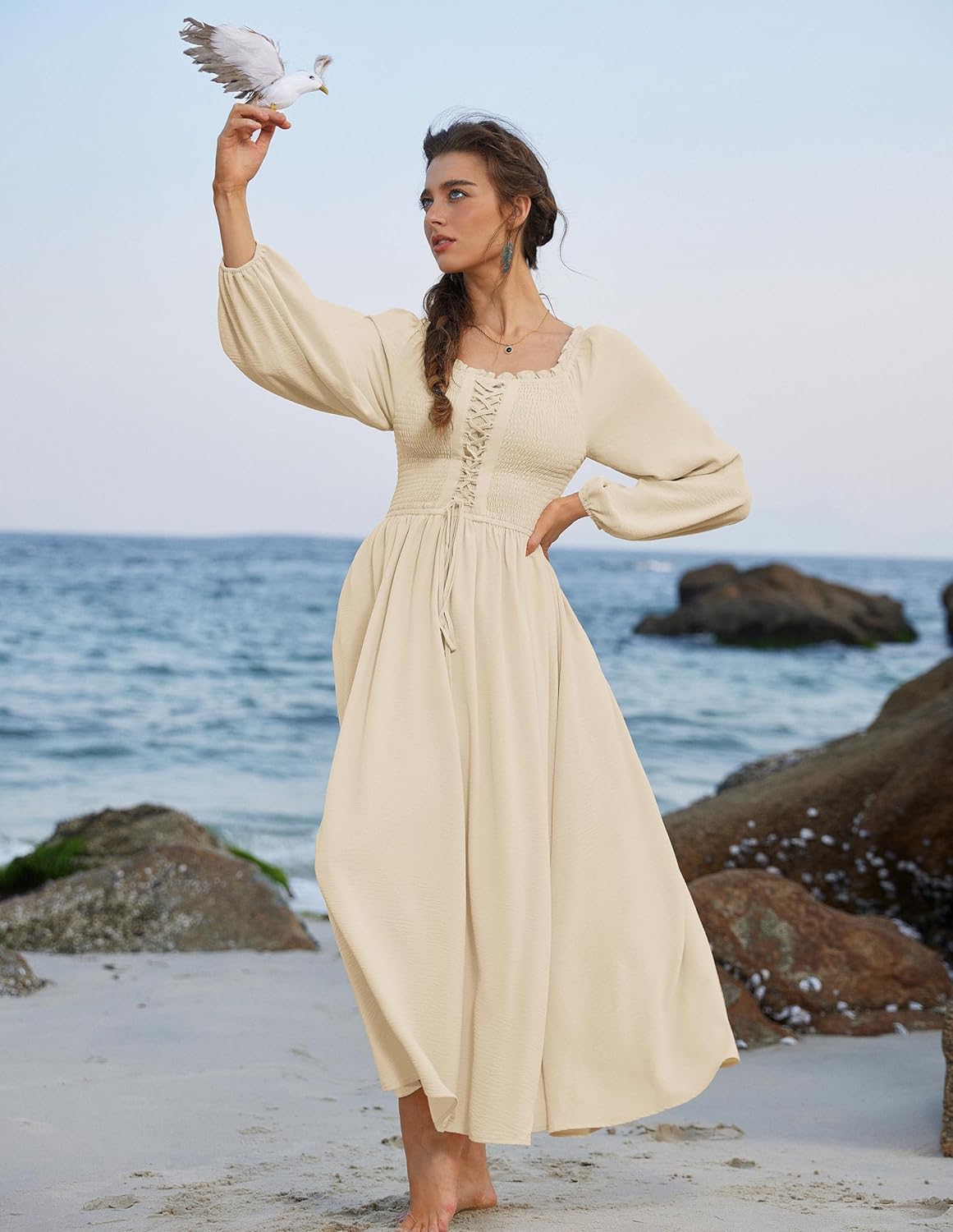 Scarlet Darkness Renaissance Dress Women Long Sleeve Cottagecore Smoked Dress with Pockets - Image 2