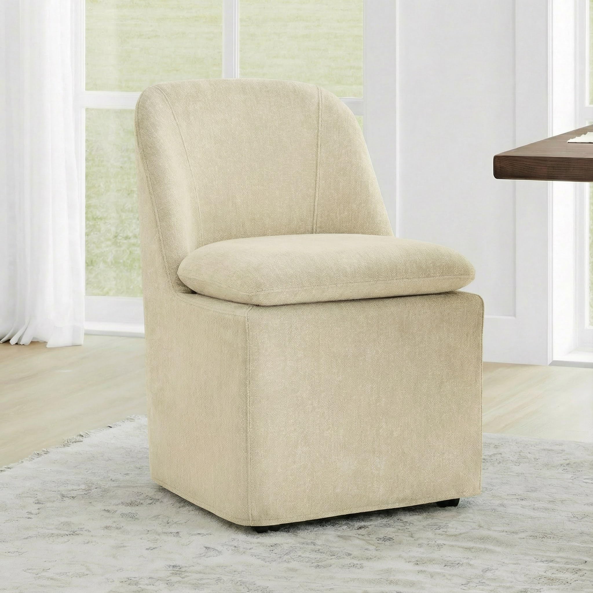 KISLOT Upholstered Dining Chairs Set of 1 with Casters, Modern Side Armless Deskchair with Washable Slipcover &amp; Sturdy Metal Frame for Diningroom Bedroom Livingroom Reading Room, Sand Fabric